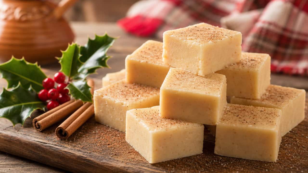pale eggnog fudge squares stacked on a rustic wooden board in a wide horizontal shot, dusted with nutmeg, cinnamon sticks and a sprig of holly beside them, warm cozy lighting, shallow depth of field, landscape orientation