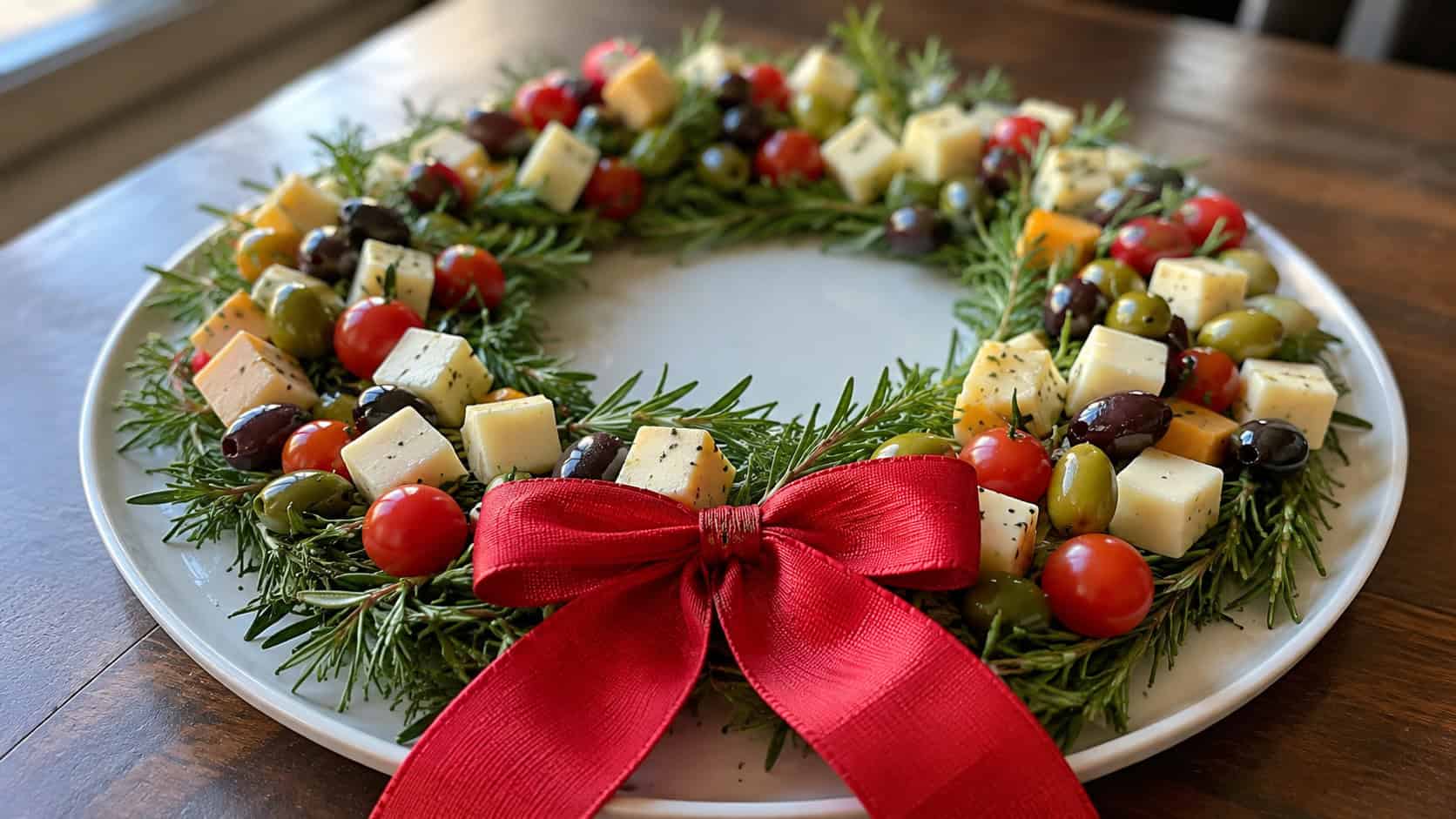 a savory cheese and olive wreath arranged in a ring on a round white platter in a wide horizontal shot, green rosemary, red cherry tomatoes, and bright cheese cubes, a red ribbon bow at the base, fresh natural light, shallow depth of field, landscape orientation