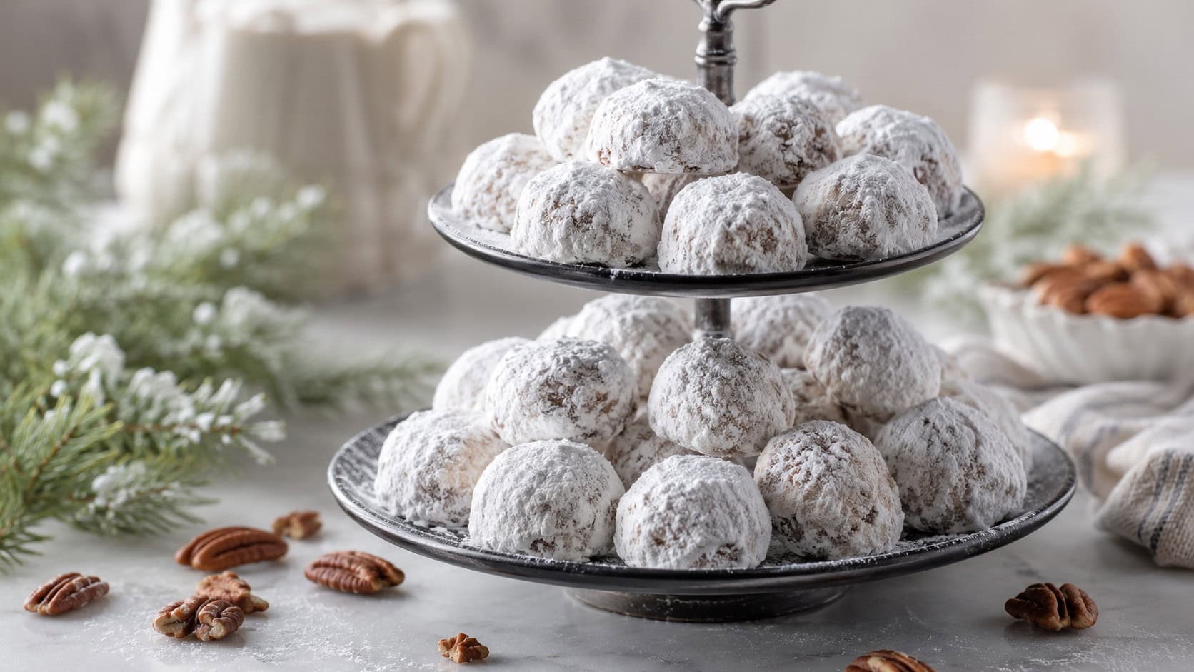 powdered-sugar pecan snowball cookies heaped on a tiered tray in a wide horizontal shot, snowy white coating, scattered pecans and a sprig of pine on the table, soft diffused light, shallow depth of field, landscape orientation