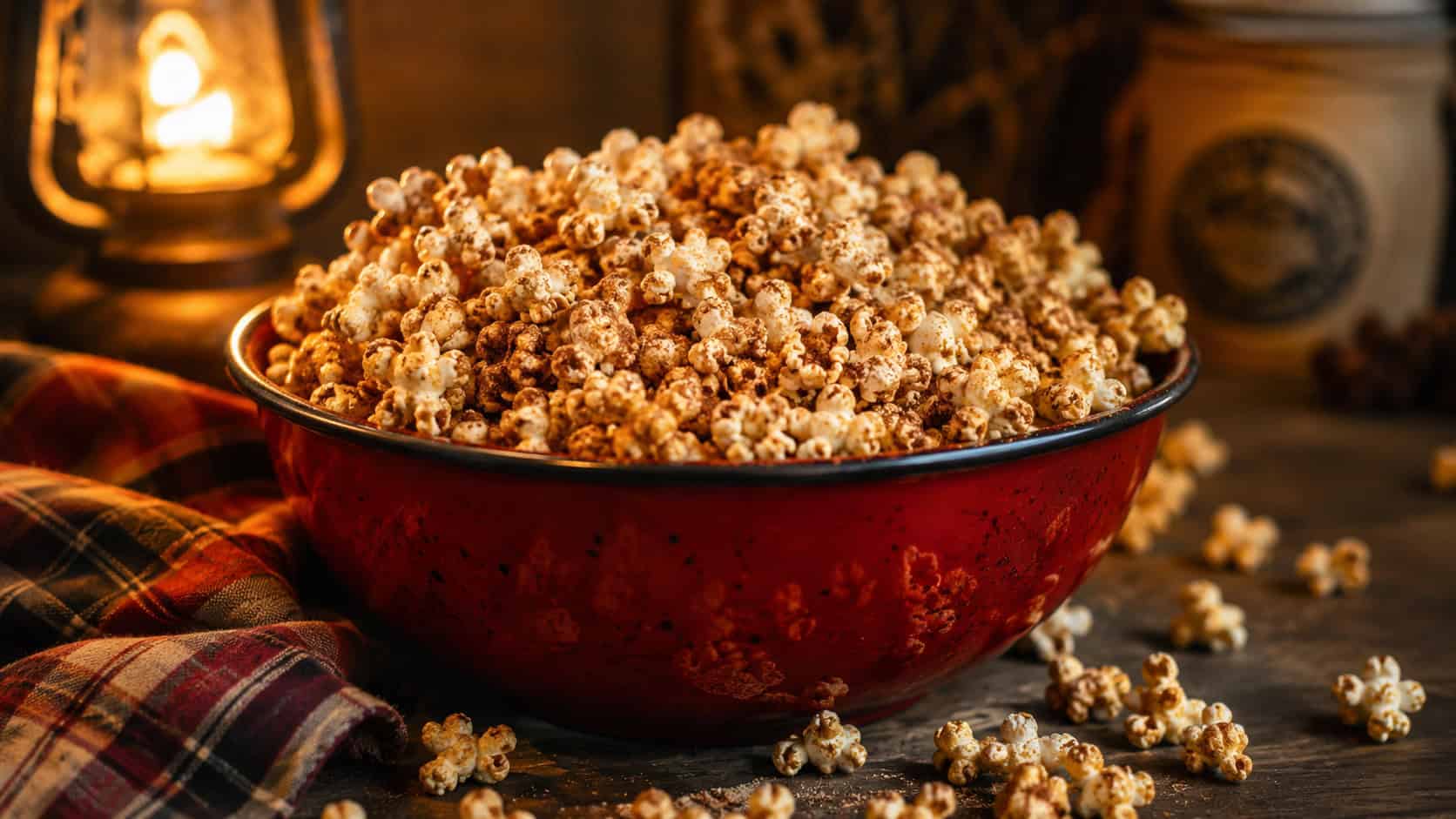 cinnamon-spiced popcorn overflowing a red enamel bowl in a wide horizontal shot, glistening buttery kernels dusted with warm spice, scattered pieces and a plaid napkin on the table, cozy lamplight, shallow depth of field, landscape orientation