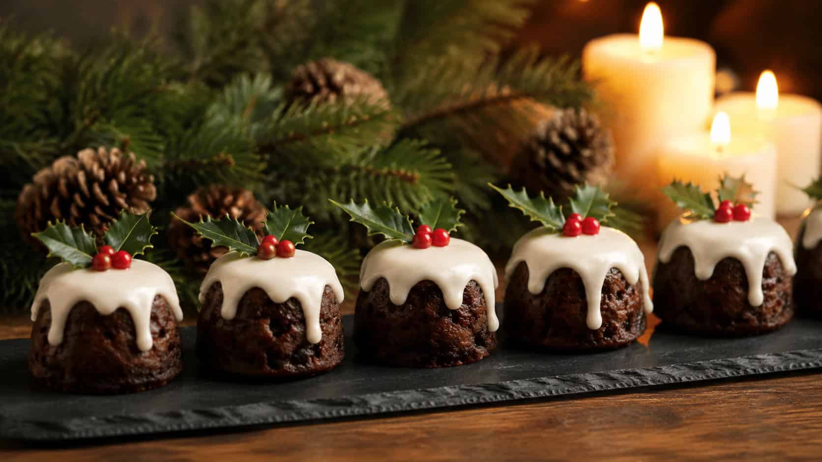 mini Christmas puddings lined up on a slate board in a wide horizontal shot, dark spiced cakes topped with dripping white icing and a green holly accent, candle glow and pine in the background, warm light, shallow depth of field, landscape orientation