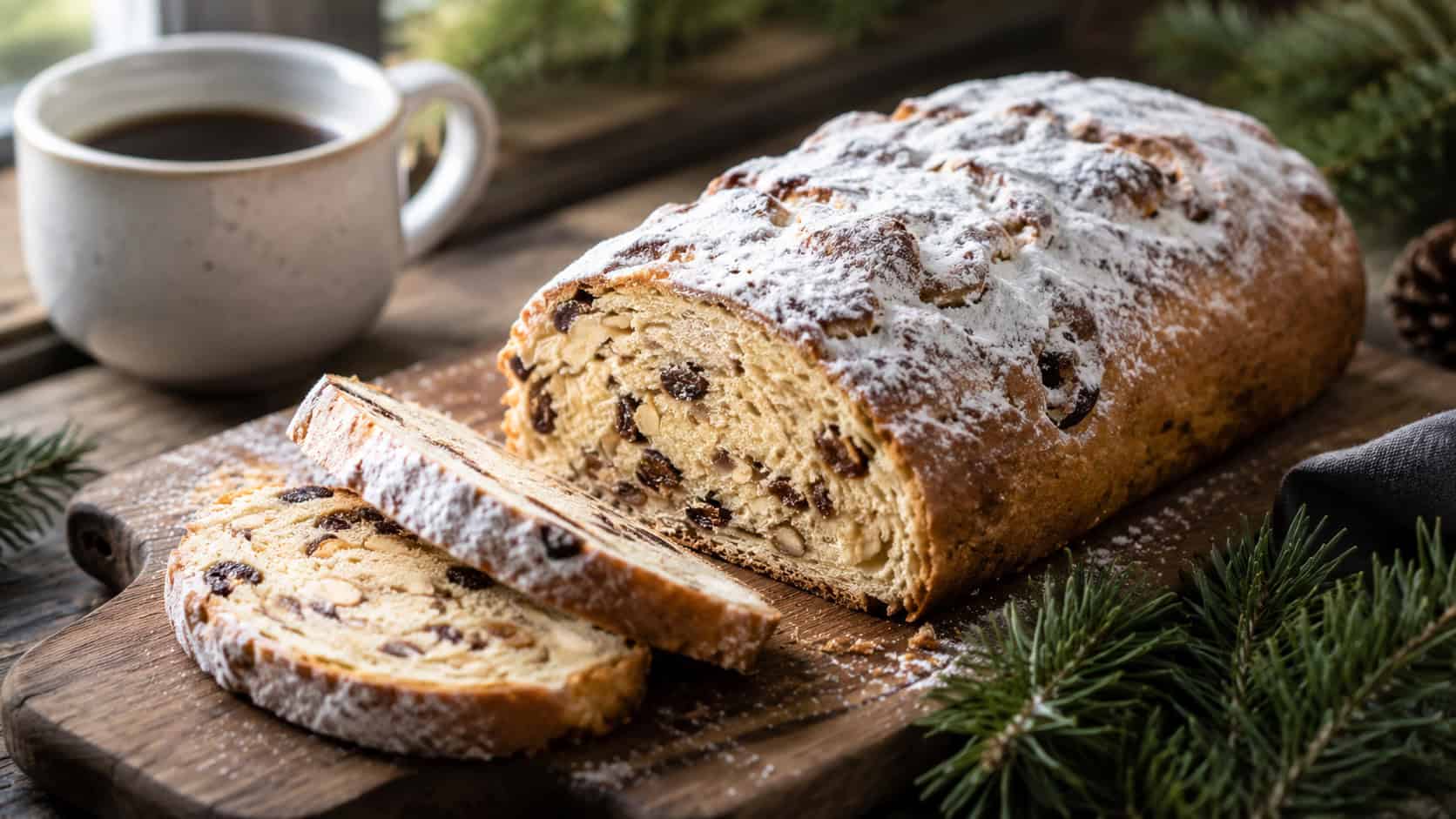 a golden powdered-sugar-dusted German fruit bread loaf, partially sliced to show raisins and almonds inside, in a wide horizontal shot on a rustic wooden board with pine sprigs and a cup of coffee, natural window light, shallow depth of field, landscape orientation