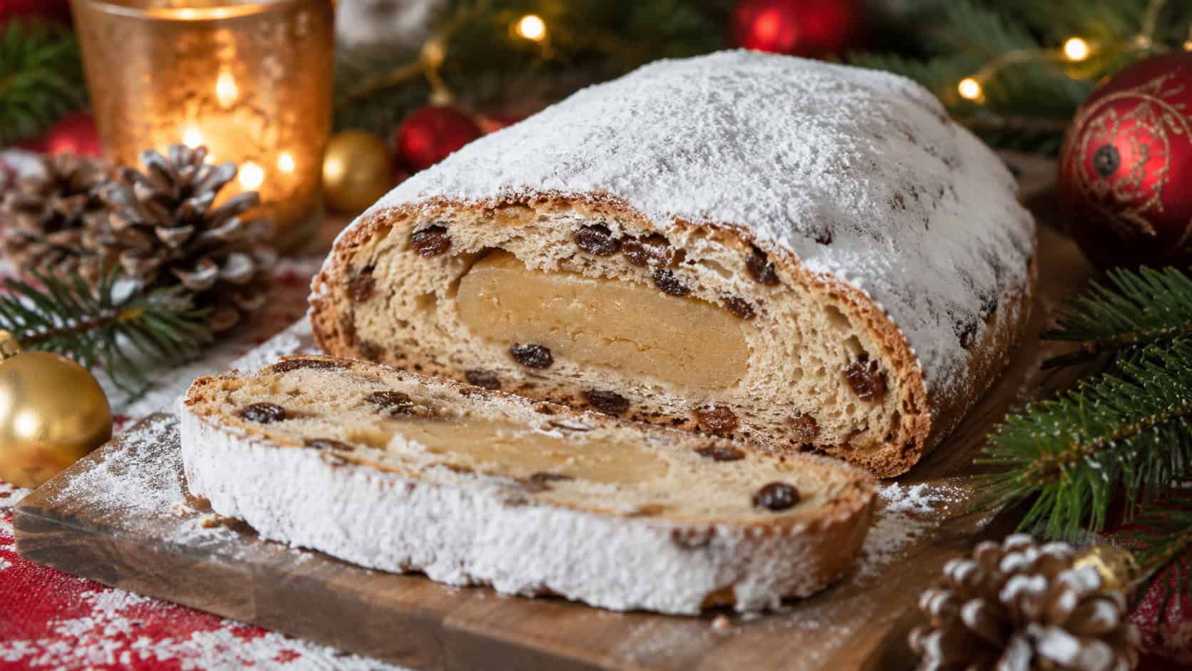 a snowy powdered-sugar-coated German Christmas loaf sliced to reveal a marzipan center, in a wide horizontal shot on a festive table with evergreen sprigs and ornaments, warm holiday light, shallow depth of field, landscape orientation