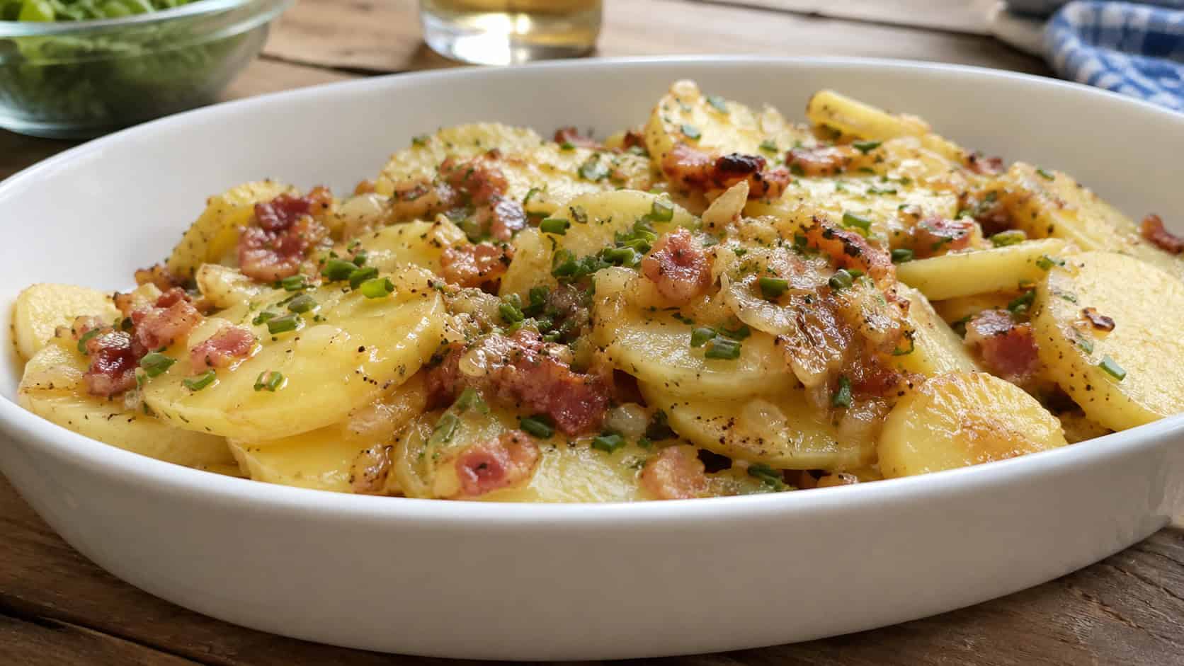warm German potato salad with bits of bacon and chives in a wide horizontal shot in a white serving bowl on a wooden table, glistening dressing catching the light, natural light, shallow depth of field, landscape orientation