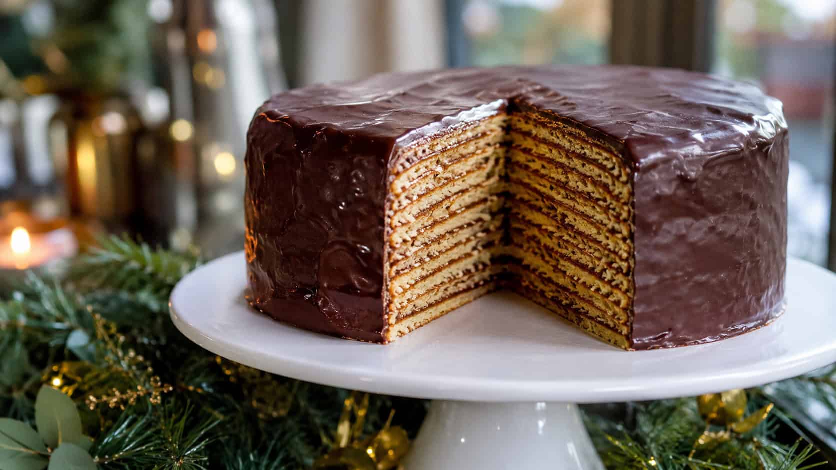 a chocolate-glazed German layer cake sliced to reveal its many thin tree-ring layers, in a wide horizontal shot on a cake stand with festive greenery, elegant natural light, shallow depth of field, landscape orientation