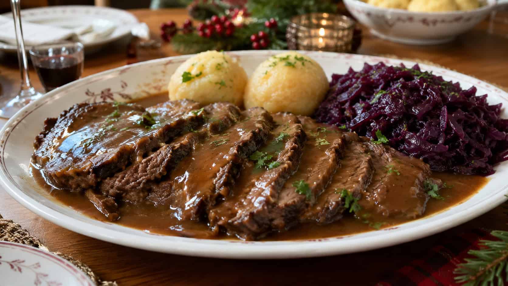 sliced German pot roast in a wide horizontal shot on an oval platter, smothered in glossy brown gravy with red cabbage and potato dumplings alongside, on a holiday-set table, warm natural light, shallow depth of field, landscape orientation