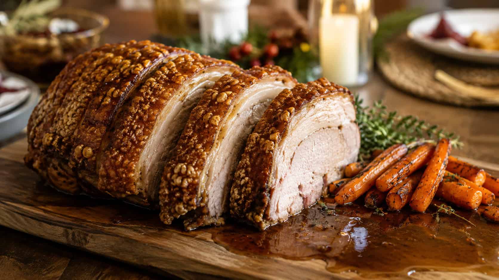 a sliced roast pork with crispy crackling skin in a wide horizontal shot on a serving board, glossy gravy pooled to one side with roasted carrots, on a festive wooden table, warm natural light, shallow depth of field, landscape orientation