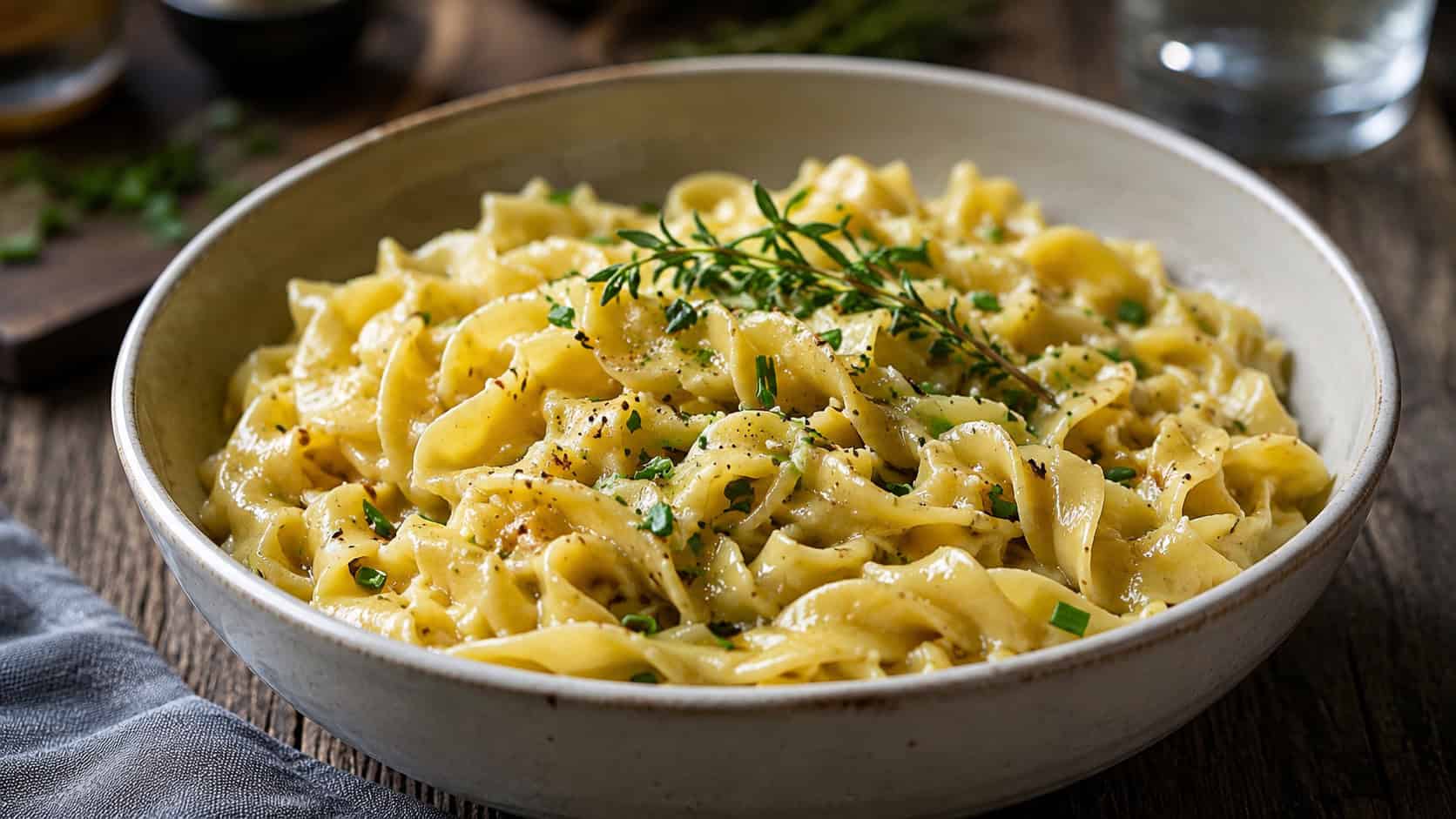 a bowl of buttery German egg noodles flecked with green chives in a wide horizontal shot on a rustic table, glistening with browned butter and a sprig of herbs, soft natural light, shallow depth of field, landscape orientation