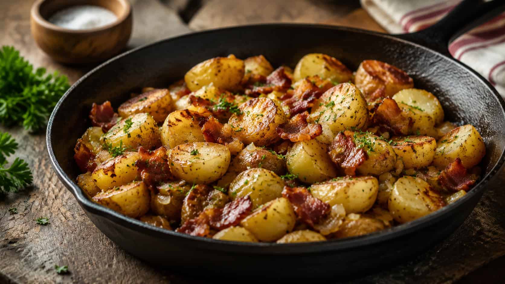 a skillet of crispy golden pan-fried potatoes with bits of bacon and onion in a wide horizontal shot on a wooden table, scattered with parsley, warm rustic natural light, shallow depth of field, landscape orientation