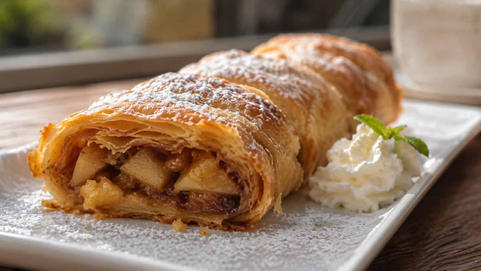 a golden flaky apple strudel sliced to reveal spiced apple filling, in a wide horizontal shot on a long plate with a dusting of powdered sugar and a dollop of cream alongside, warm natural light, shallow depth of field, landscape orientation