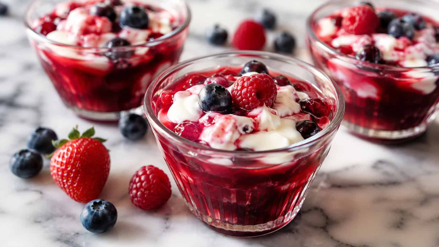 glossy red berry pudding in small glass bowls with a swirl of cream poured over, in a wide horizontal shot on a marble surface with fresh berries scattered nearby, bright natural light, shallow depth of field, landscape orientation