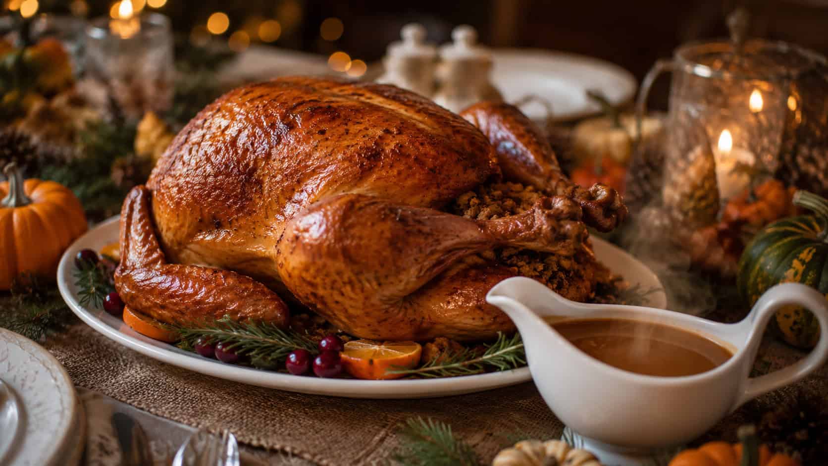 a classic roast turkey beside a gravy boat on a holiday table in a wide horizontal shot, golden crispy skin and steaming gravy, candles, pine, and fall vegetables around the table, warm inviting light, shallow depth of field, landscape orientation