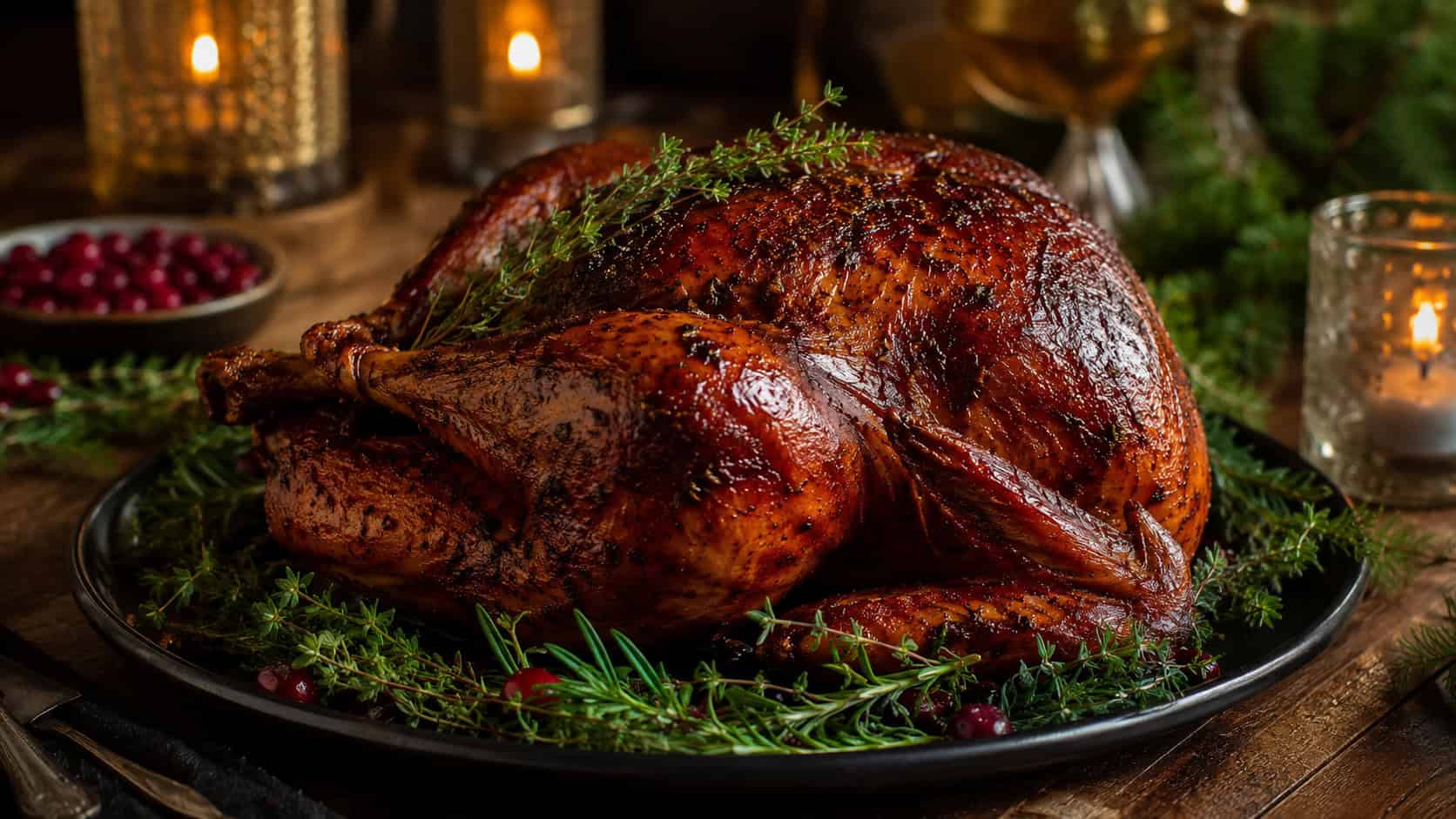 a smoked paprika roast turkey on a dark platter in a wide horizontal shot, deep mahogany burnished skin garnished with herbs, rustic table with pine sprigs and candlelight, warm dramatic light, shallow depth of field, landscape orientation