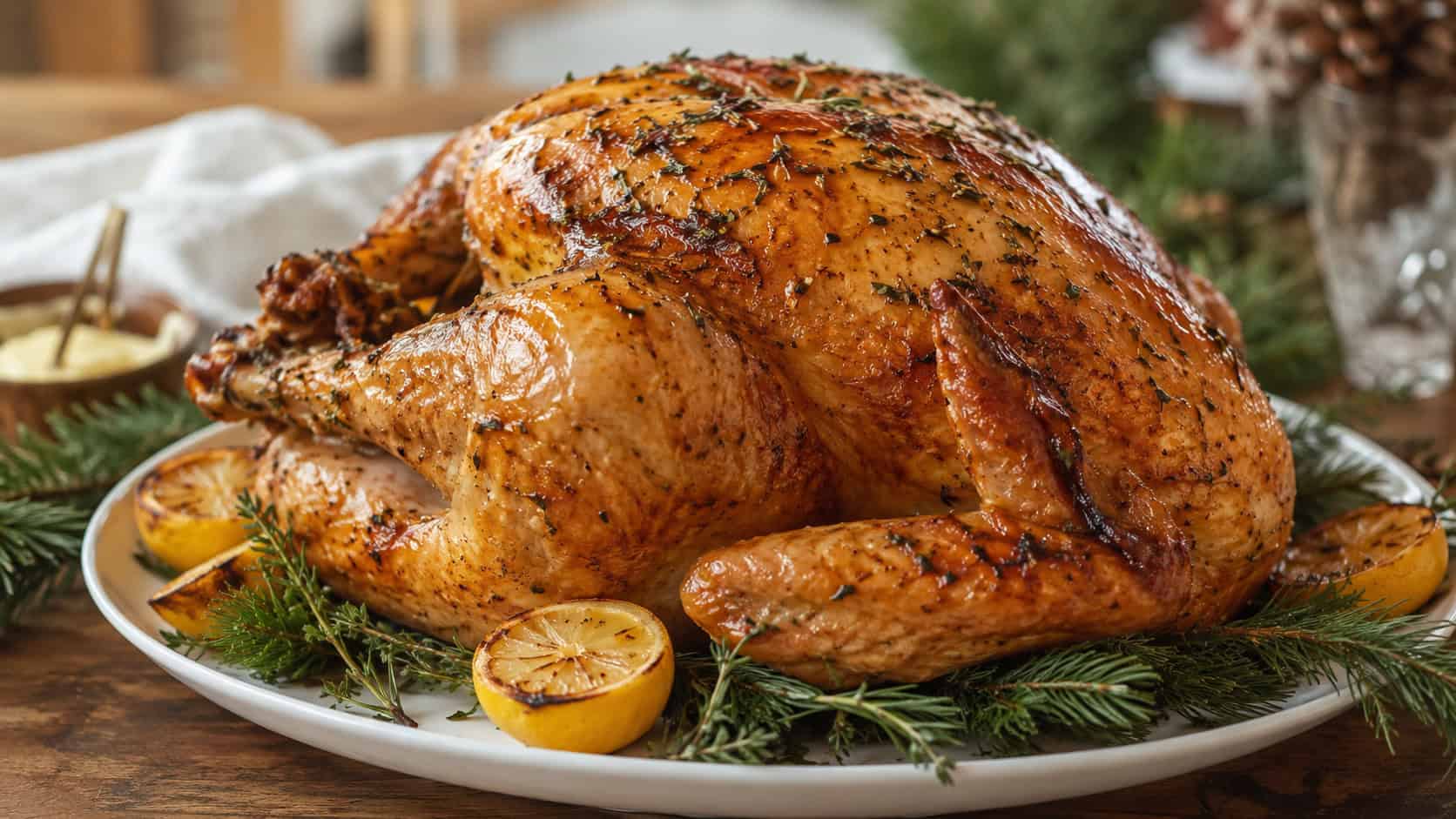 an herb butter roasted turkey on a white platter in a wide horizontal shot, golden glistening skin flecked with fresh rosemary and thyme, lemon halves and pine sprigs around the platter, warm natural light, shallow depth of field, landscape orientation