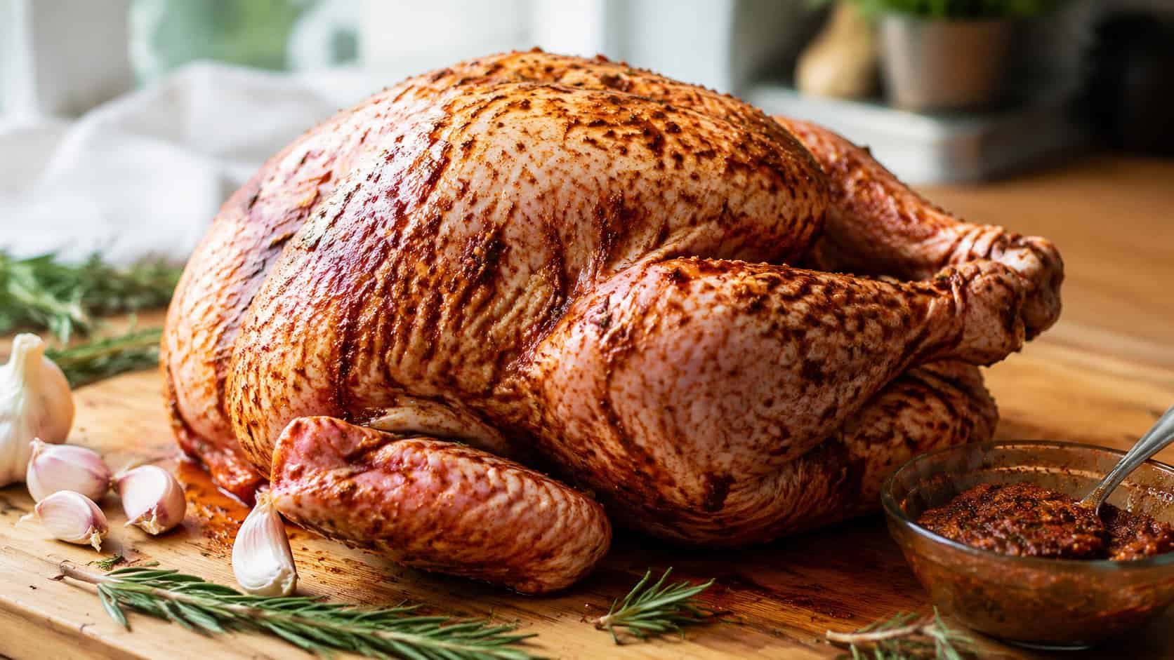 a raw turkey coated in garlic herb rub on a wooden board in a wide horizontal shot, deep reddish-brown spice paste coating the skin, scattered rosemary, garlic cloves, and a small bowl of rub nearby, bright natural light, shallow depth of field, landscape orientation
