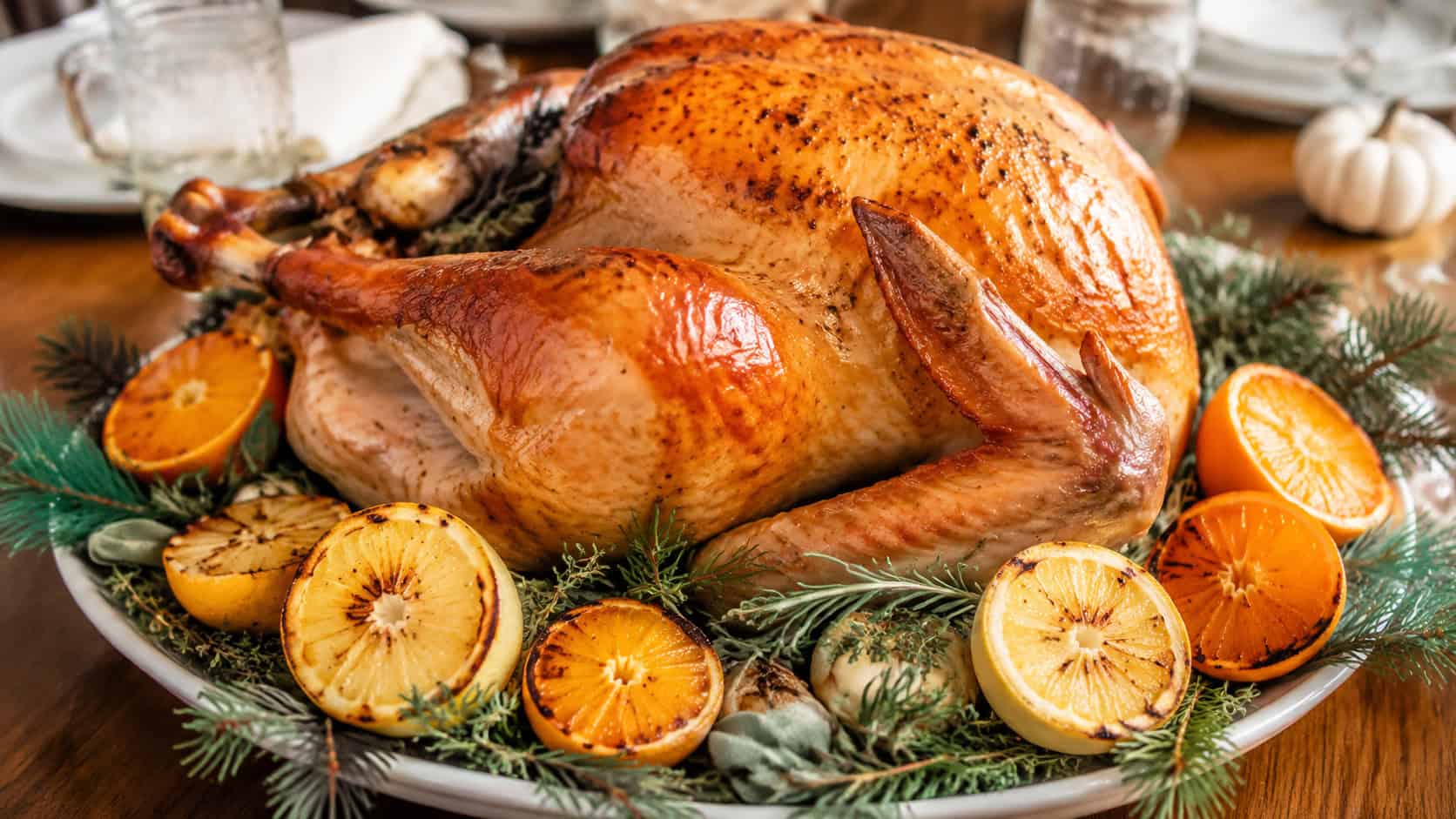 a citrus brined roast turkey on a platter in a wide horizontal shot, golden skin surrounded by roasted orange and lemon halves, fresh herbs and pine garnish, bright warm light, shallow depth of field, landscape orientation