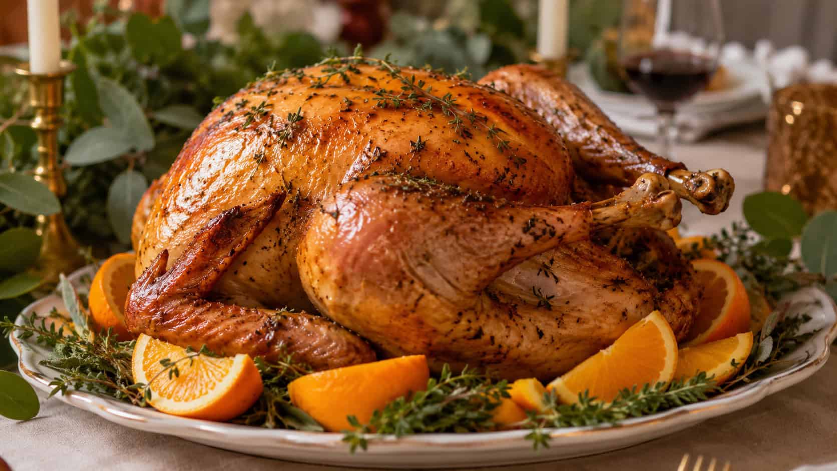 an orange and thyme roast turkey on a serving platter in a wide horizontal shot, golden skin garnished with thyme sprigs and orange wedges, fresh greenery on the holiday table, warm natural light, shallow depth of field, landscape orientation