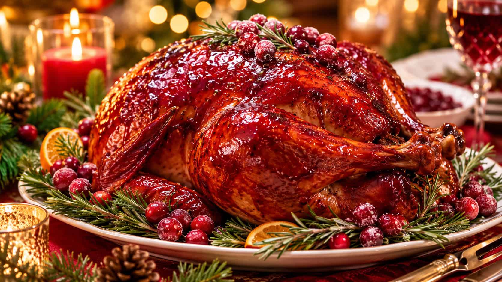 a cranberry glazed roast turkey on a platter in a wide horizontal shot, deep ruby glossy skin garnished with sugared cranberries and rosemary, pine and candles on the festive table, warm glowing light, shallow depth of field, landscape orientation