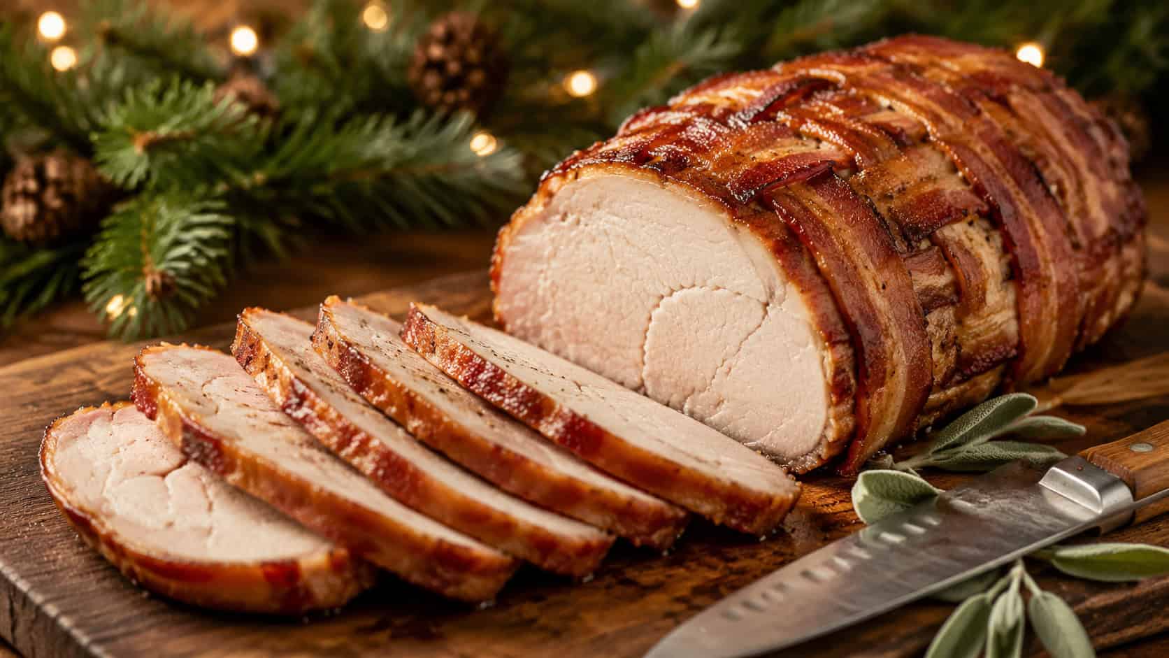 a bacon-wrapped turkey breast sliced on a cutting board in a wide horizontal shot, crispy woven bacon over juicy white meat, fresh sage and a carving knife alongside, pine garland in the background, warm light, shallow depth of field, landscape orientation