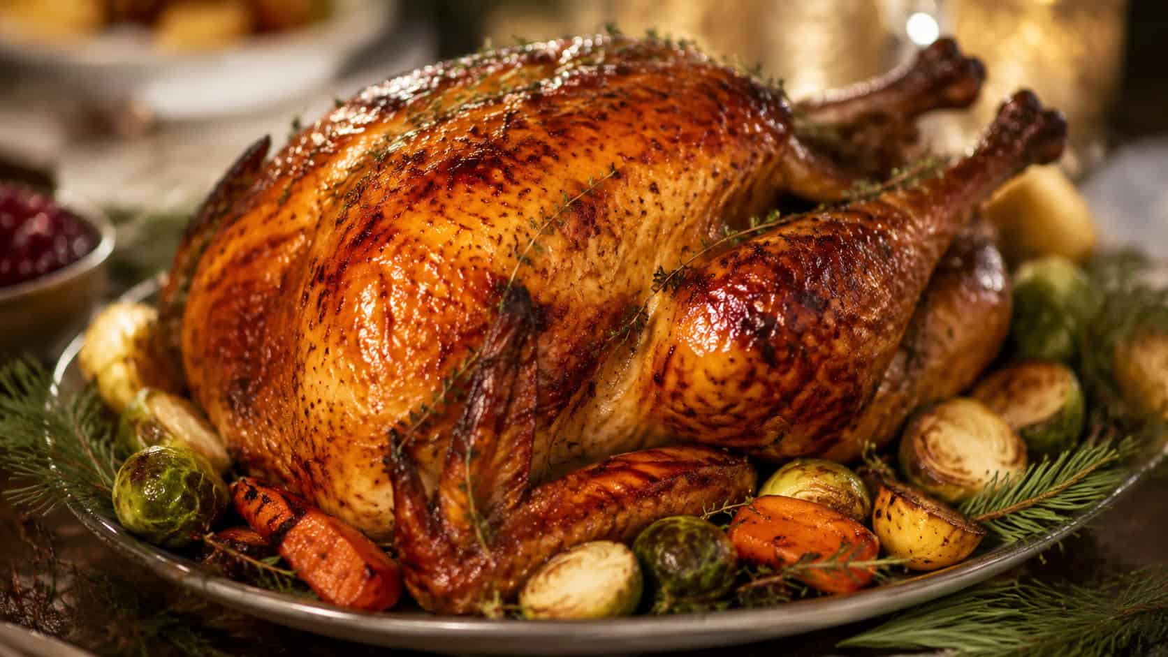 a honey mustard glazed turkey on a platter in a wide horizontal shot, sticky golden-brown skin garnished with thyme, roasted vegetables and pine sprigs around the platter, warm festive light, shallow depth of field, landscape orientation