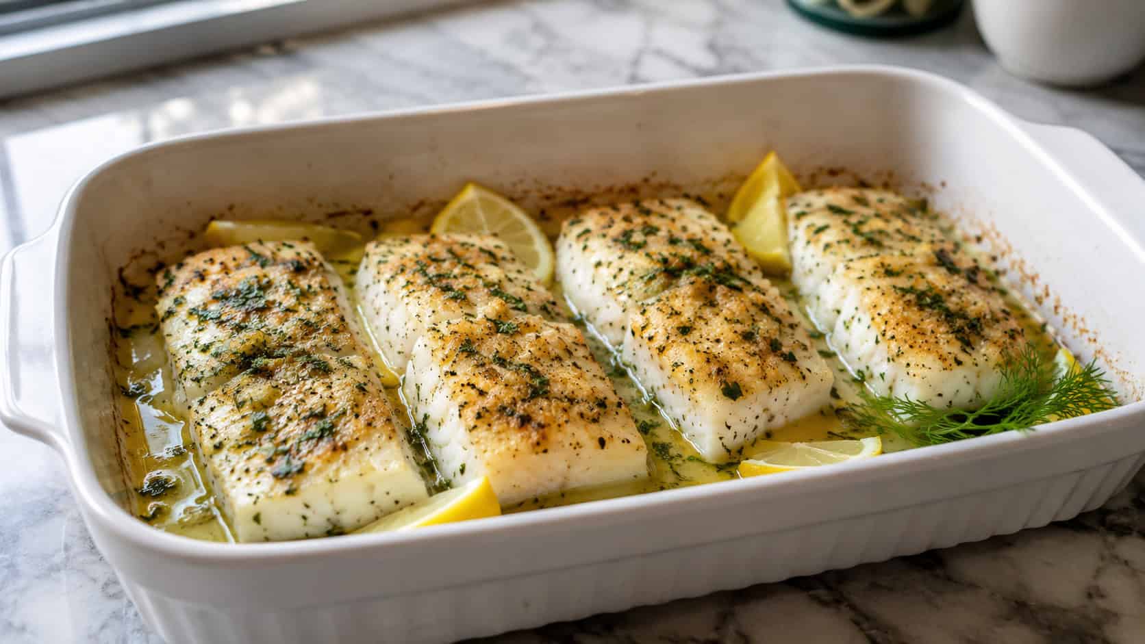 four flaky baked cod fillets glistening with lemon butter and flecked with green herbs, arranged in a wide horizontal shot in a white ceramic baking dish with lemon wedges and a sprig of dill, set on a marble counter, natural window light, shallow depth of field, landscape orientation