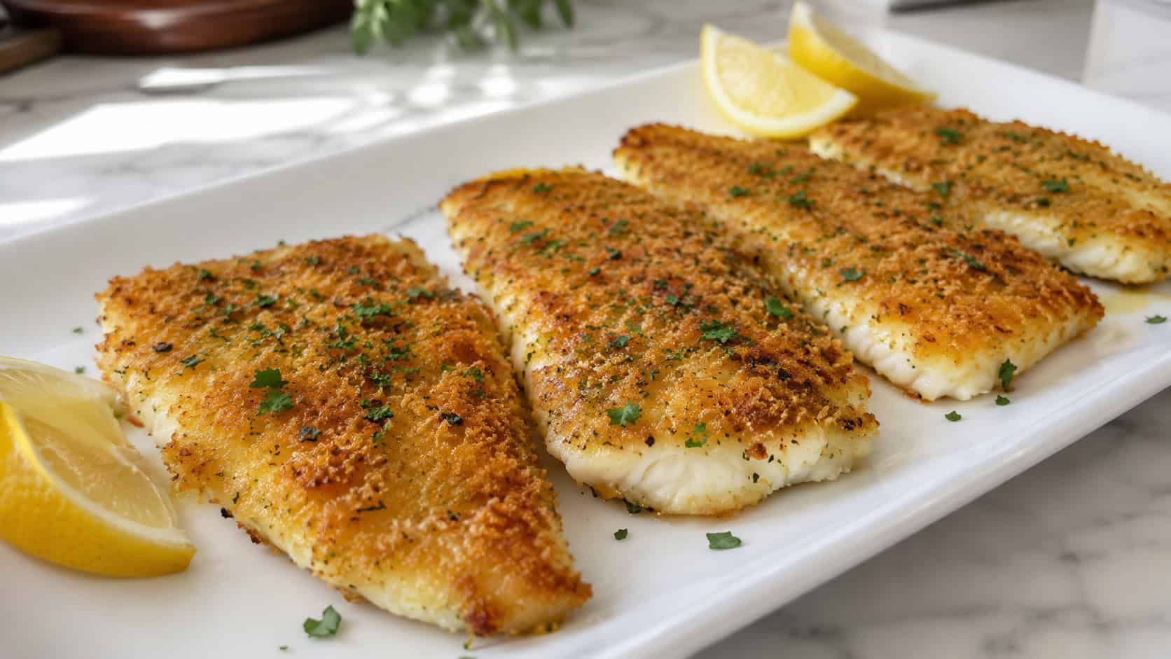 four flounder fillets topped with a crisp golden Parmesan crust speckled with parsley, arranged in a wide horizontal shot on a white platter with lemon wedges, on a bright marble counter, fresh natural light, shallow depth of field, landscape orientation