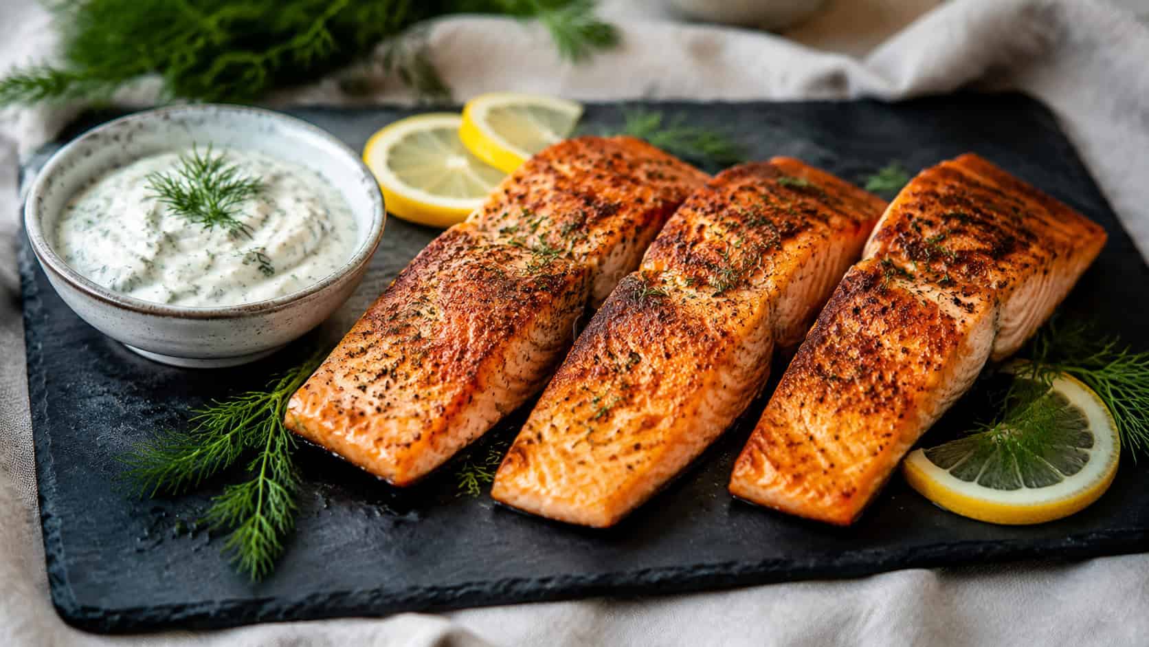 four golden pan-seared salmon fillets with crisp edges, a generous dollop of creamy dill sauce on the side, presented in a wide horizontal shot on a dark slate platter with lemon slices and dill fronds, on a linen-draped table, soft natural light, shallow depth of field, landscape orientation