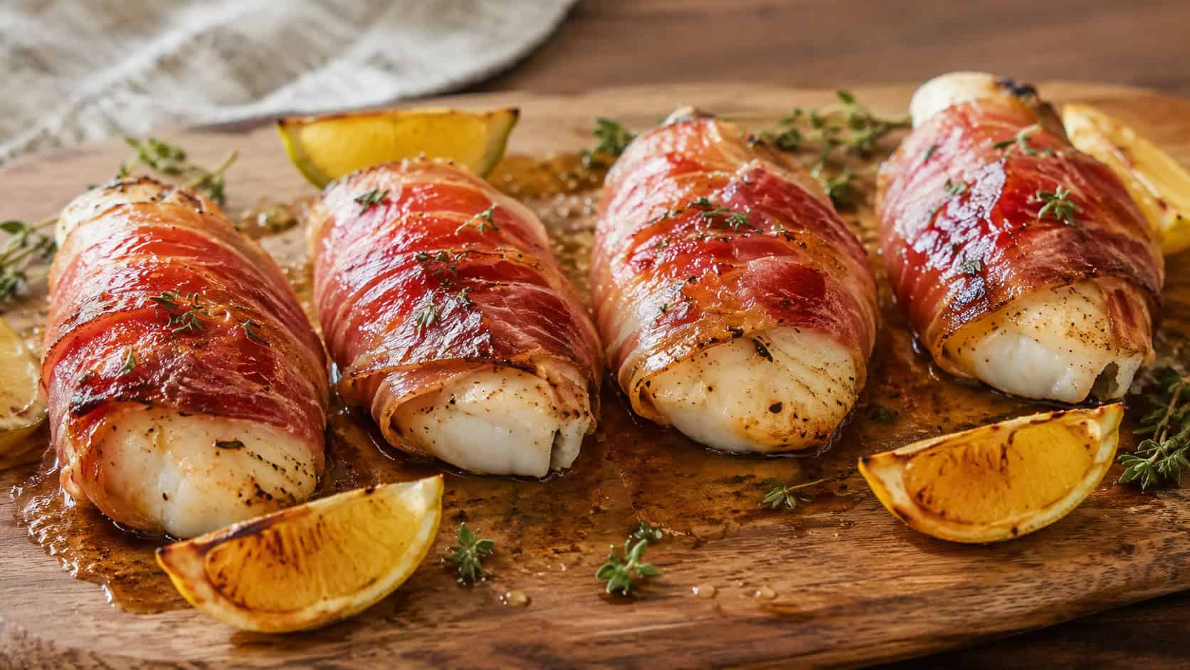 four halibut fillets wrapped in crisp browned prosciutto with flecks of thyme, plated in a wide horizontal shot on a rustic wooden board with roasted lemon wedges, golden roasting juices pooling underneath, warm natural light, shallow depth of field, landscape orientation