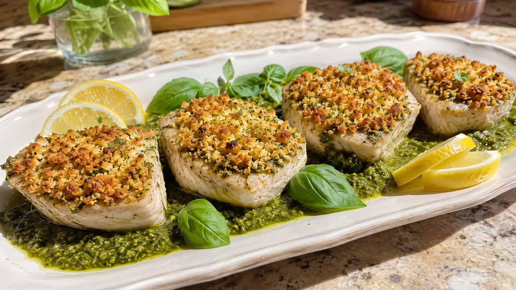 four swordfish steaks topped with a golden herby breadcrumb crust over green pesto, presented in a wide horizontal shot on a cream platter with fresh basil leaves and lemon, on a sunlit kitchen counter, bright natural light, shallow depth of field, landscape orientation