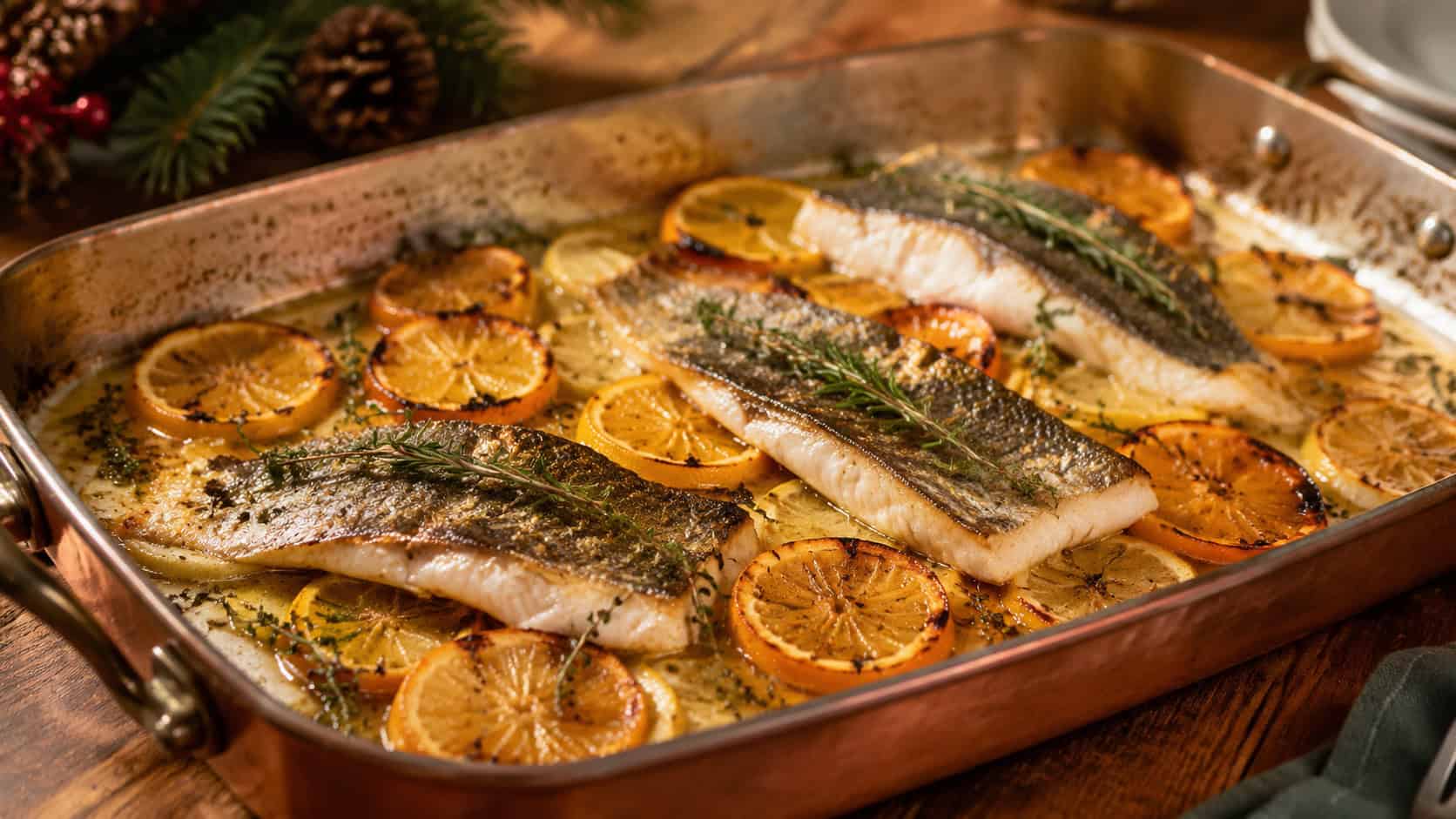 tender roasted sea bass fillets resting over caramelized orange and lemon slices with rosemary and thyme, shown in a wide horizontal shot in a copper roasting pan, golden oil pooling, on a wooden holiday table, warm natural light, shallow depth of field, landscape orientation