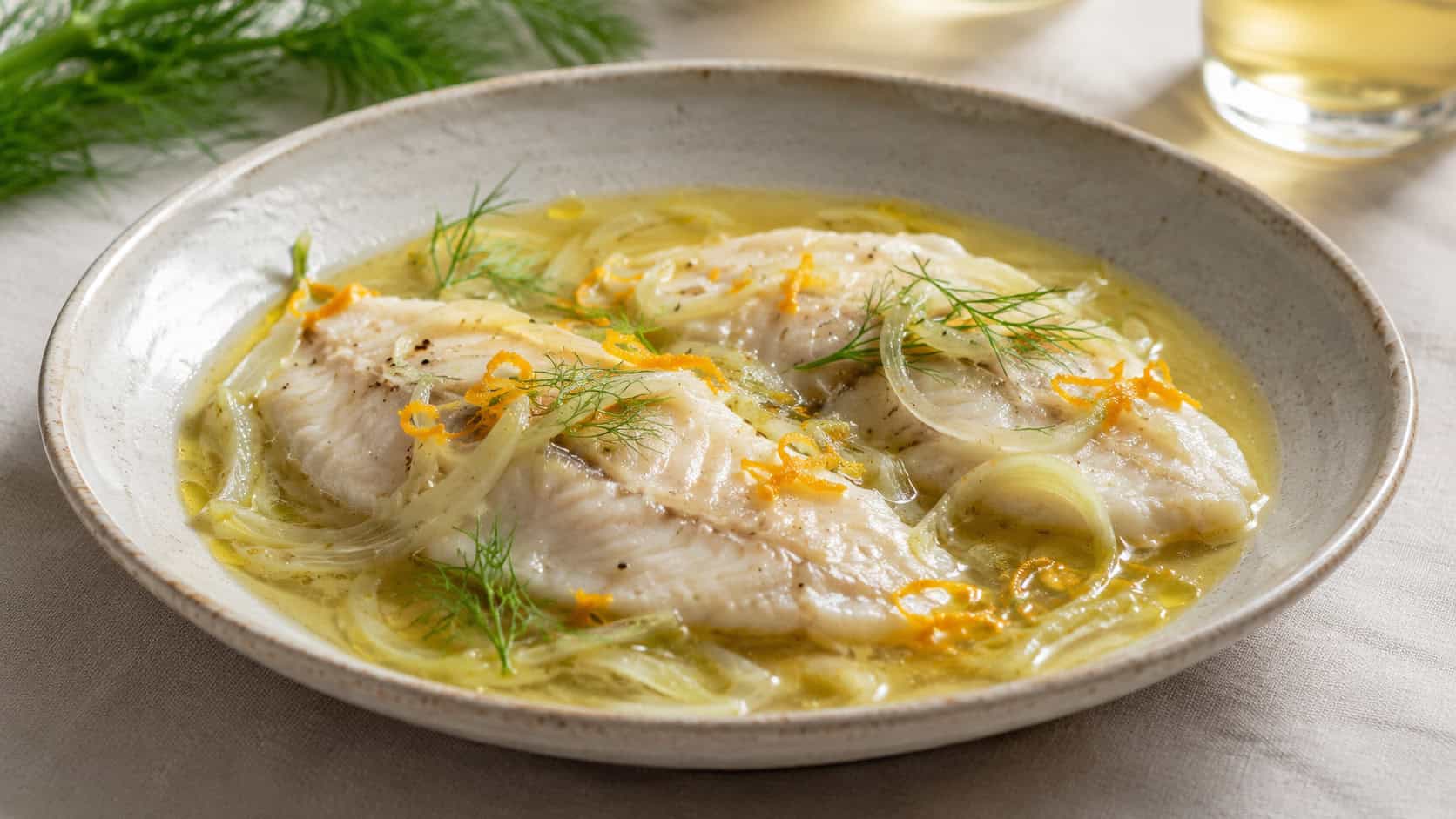 tender poached tilapia fillets resting in a fragrant golden broth with thin fennel slices and orange zest, shown in a wide horizontal shot in a shallow ceramic bowl with fennel fronds, on a pale linen surface, soft natural light, shallow depth of field, landscape orientation