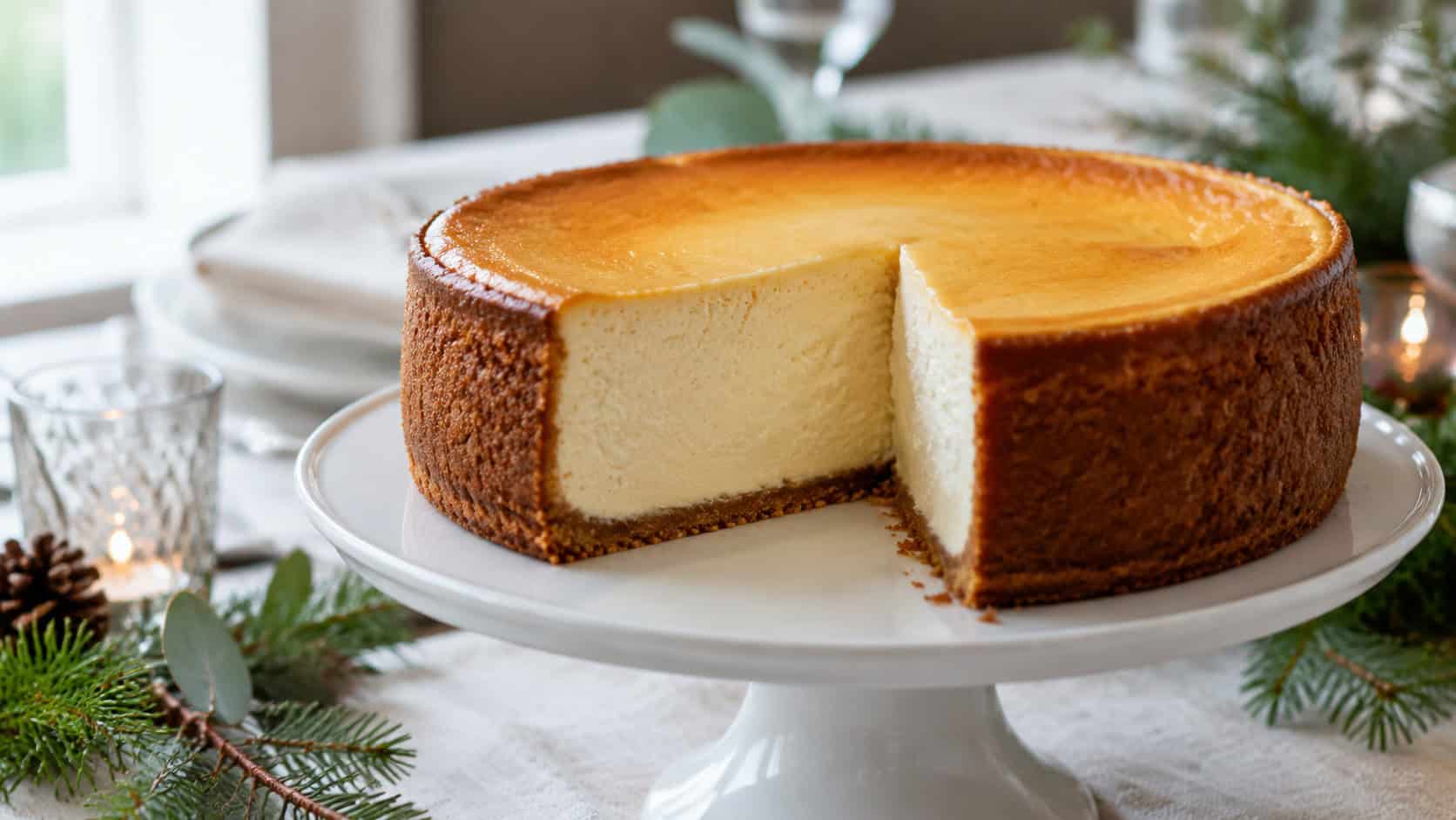 a tall classic New York cheesecake on a white cake stand in a wide horizontal shot, one creamy slice removed, smooth golden top, on a festive table with greenery, soft natural light, shallow depth of field, landscape orientation