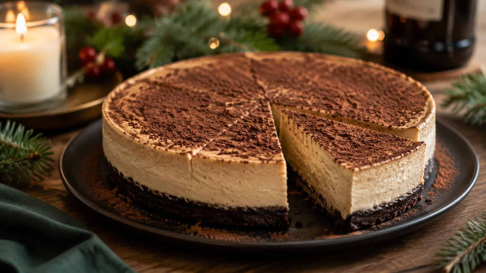 an Irish cream cheesecake on a dark plate in a wide horizontal shot, cocoa dusting and a chocolate cookie crust, one slice cut, on a cozy holiday table with candlelight, warm natural light, shallow depth of field, landscape orientation