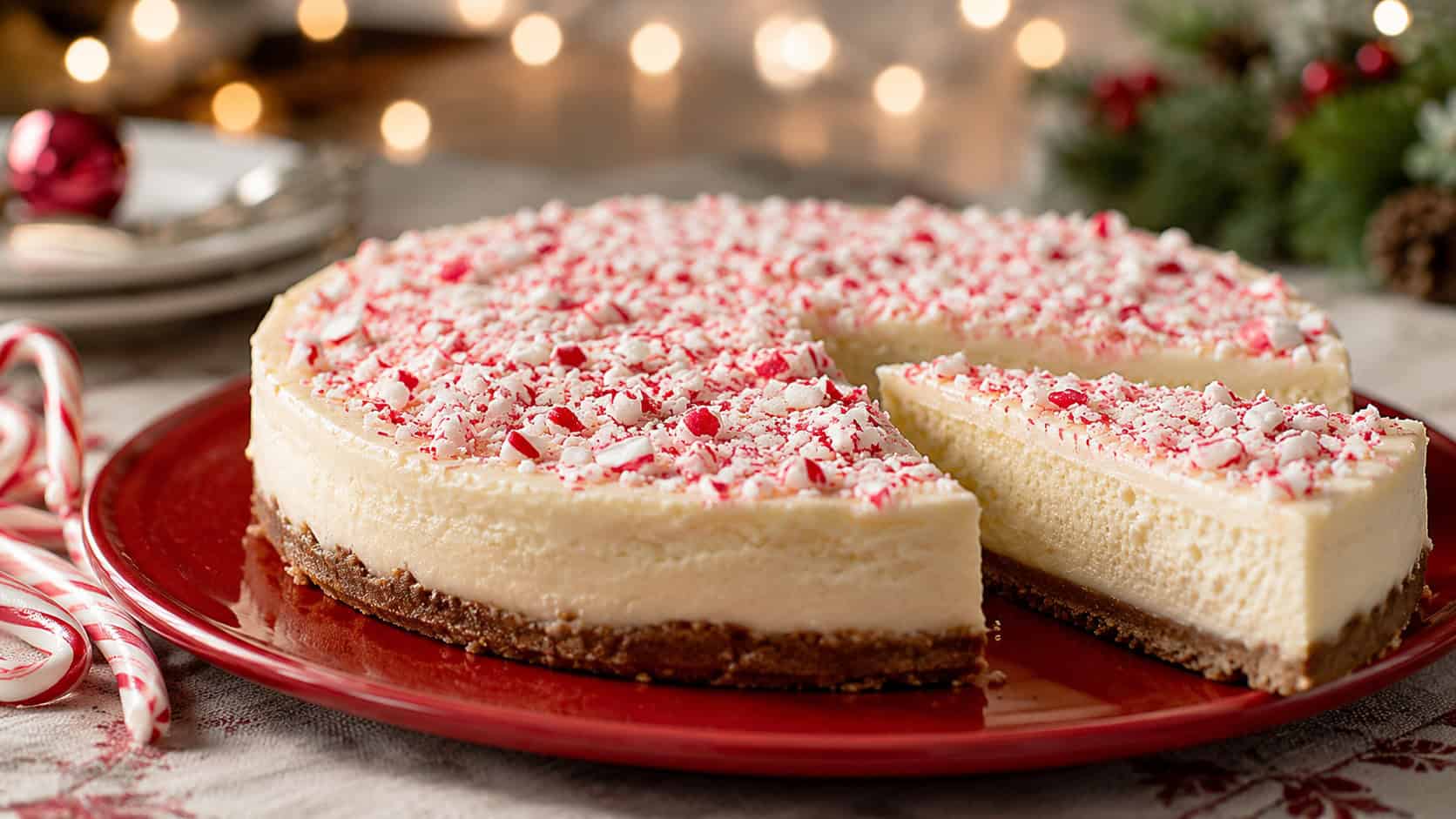 a white chocolate peppermint cheesecake on a red plate in a wide horizontal shot, crushed red and white candy cane topping over a creamy white surface, one slice cut, on a festive table with twinkle lights bokeh, soft natural light, shallow depth of field, landscape orientation