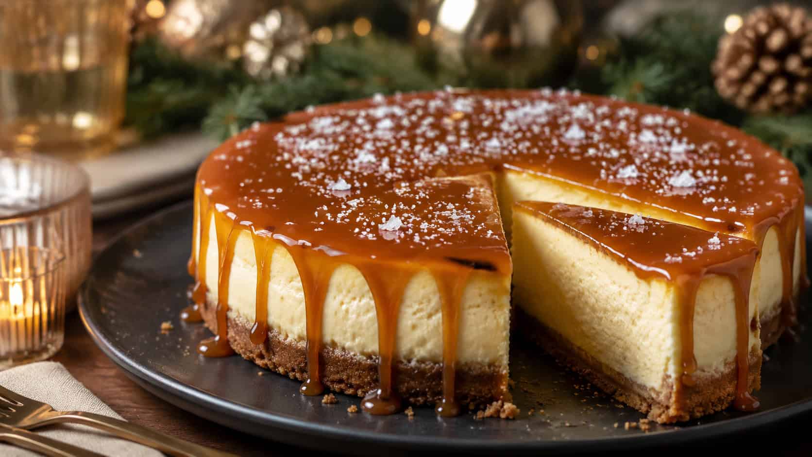 a salted caramel cheesecake on a dark plate in a wide horizontal shot, glossy caramel dripping down the sides with flaky salt on top, one slice cut, on an elegant holiday table, warm natural light, shallow depth of field, landscape orientation