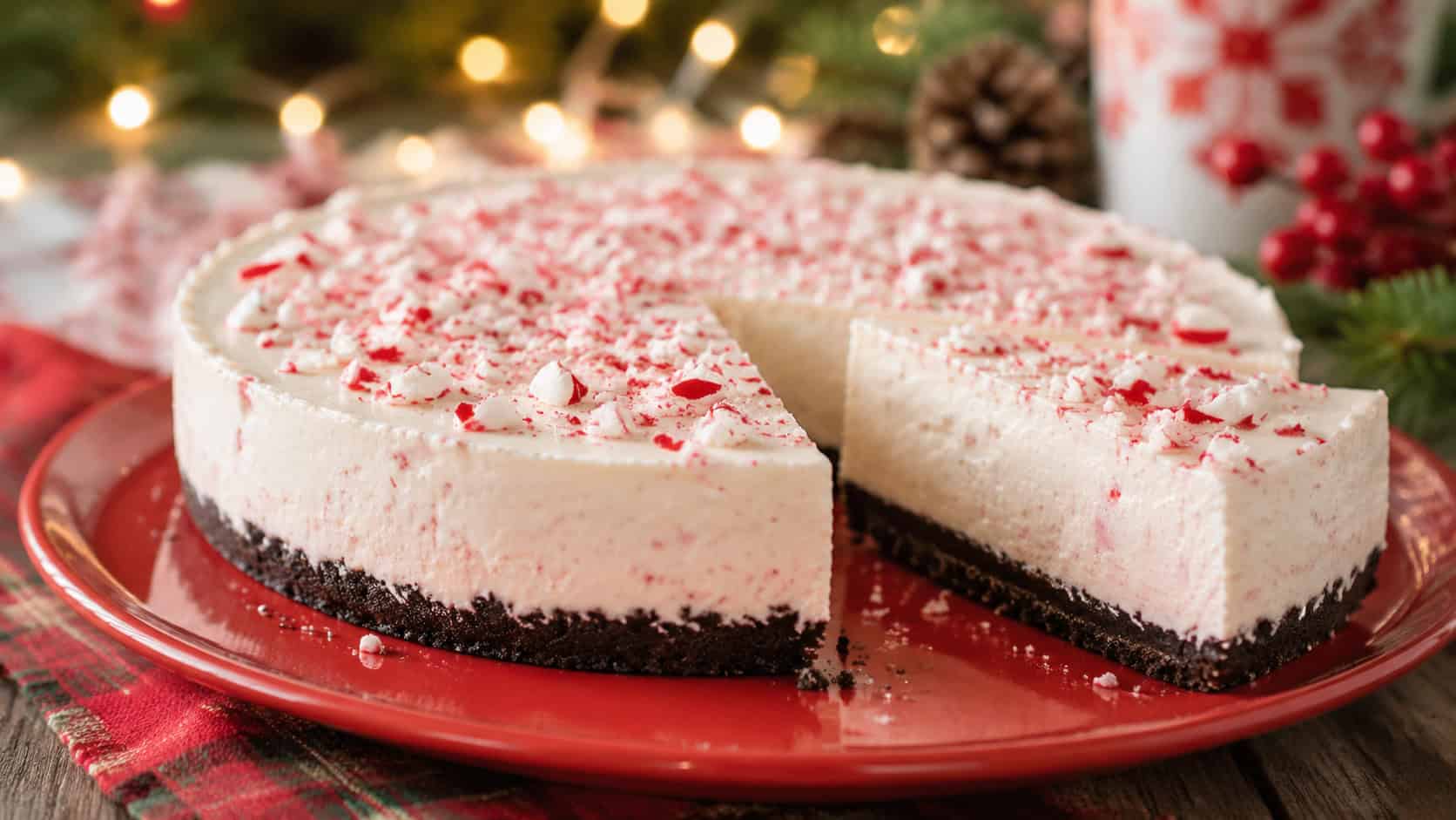 a no-bake peppermint cheesecake on a red plate in a wide horizontal shot, crushed candy cane topping and a dark cookie crust, one slice cut, on a festive table with twinkle lights bokeh, soft natural light, shallow depth of field, landscape orientation