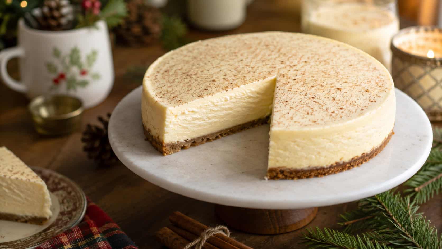 a creamy eggnog cheesecake on a cake stand in a wide horizontal shot, dusting of nutmeg and a smooth pale top, one slice removed, on a cozy holiday table with cinnamon sticks, warm natural light, shallow depth of field, landscape orientation