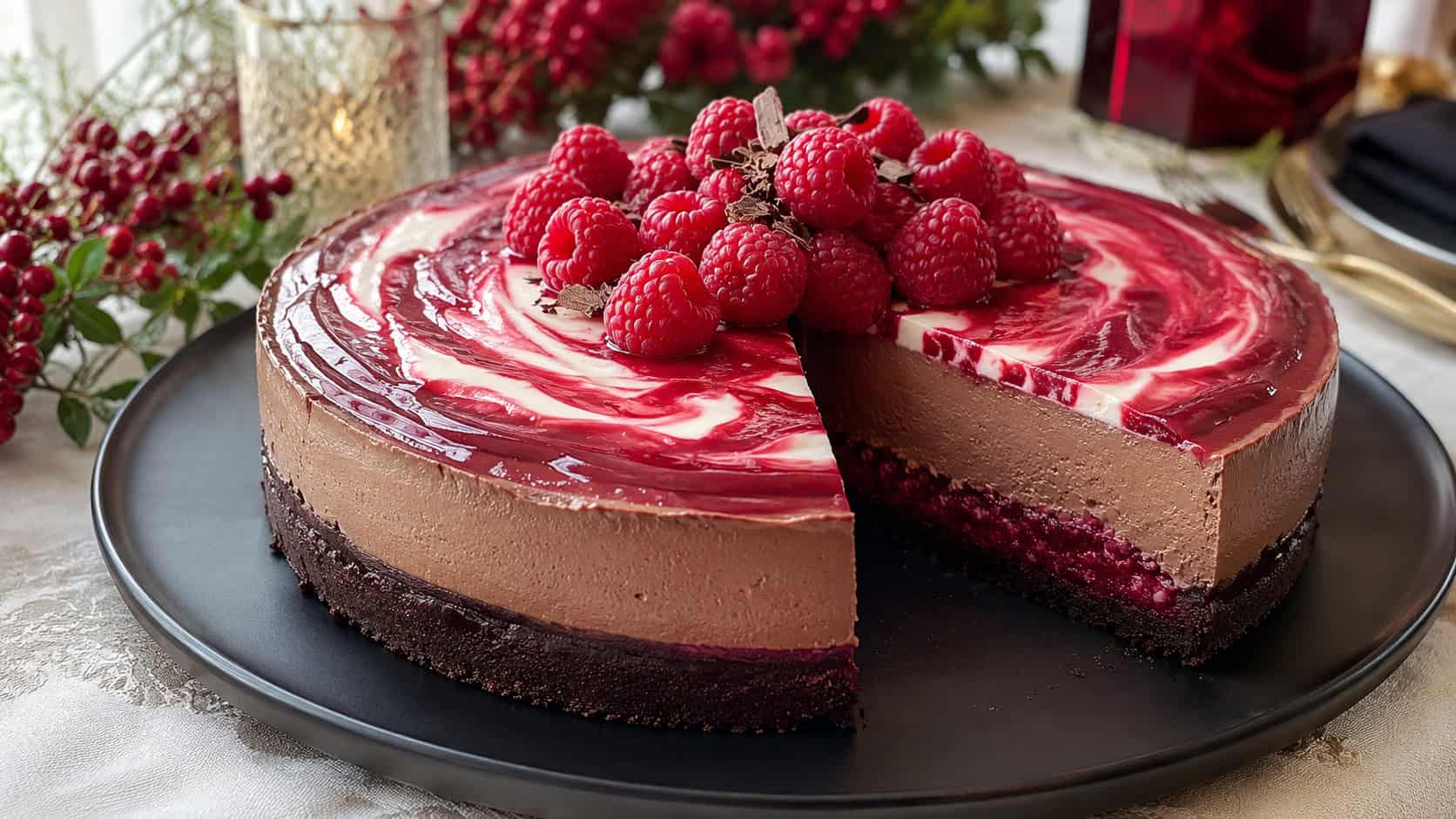 a chocolate raspberry cheesecake on a dark plate in a wide horizontal shot, glossy raspberry swirl top crowned with fresh raspberries, one slice cut, on an elegant holiday table, soft natural light, shallow depth of field, landscape orientation