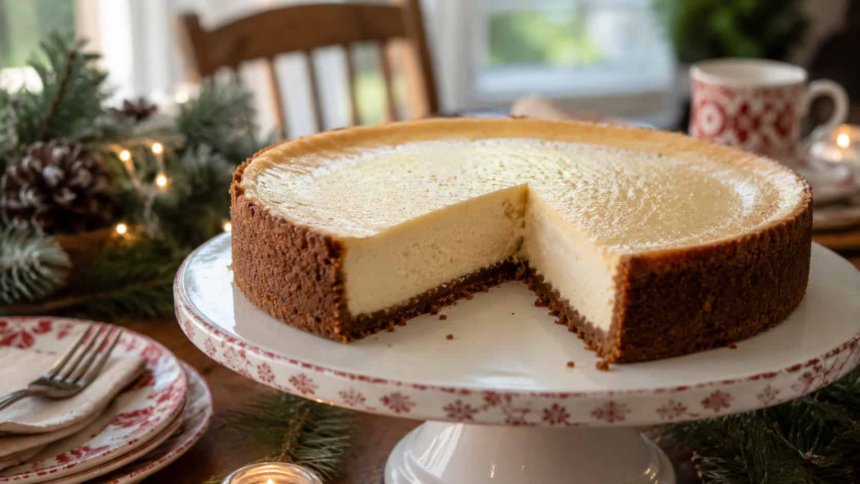 a cheesecake with a dark gingerbread crust on a cake stand in a wide horizontal shot, smooth creamy top and spiced crust edge, one slice removed, on a cozy holiday table with pine, warm natural light, shallow depth of field, landscape orientation