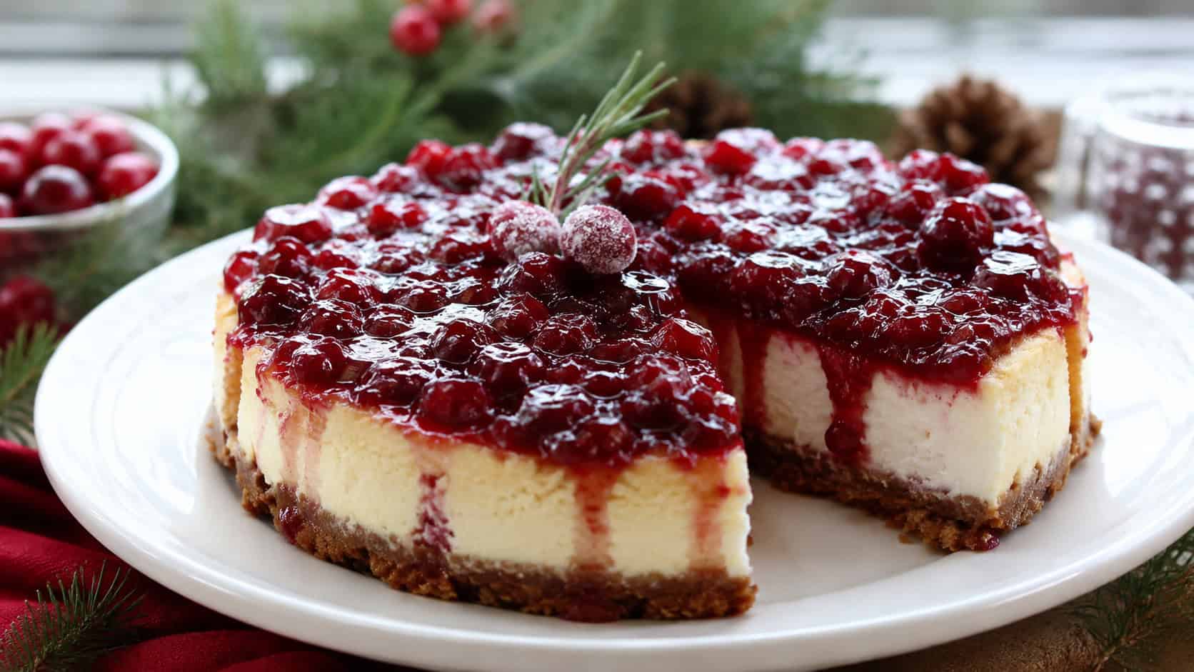 a spiced cranberry cheesecake on a white plate in a wide horizontal shot, glossy ruby cranberry topping spilling over creamy edges, one slice cut, on a festive table with greenery, soft natural light, shallow depth of field, landscape orientation