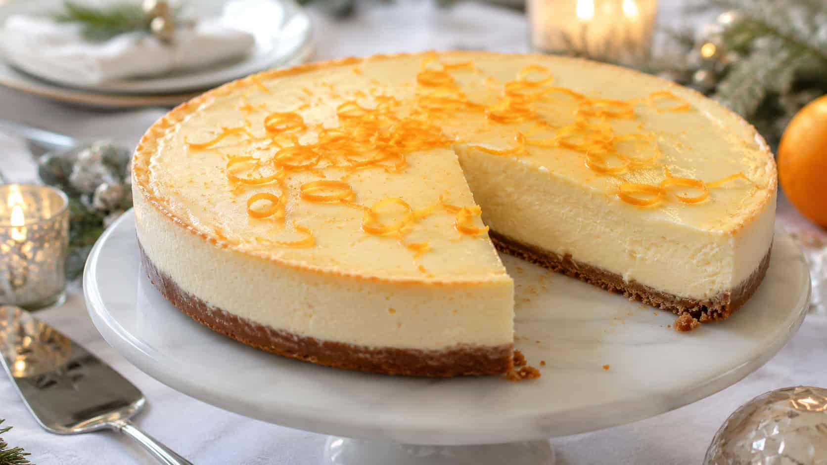 an orange liqueur cheesecake on a cake stand in a wide horizontal shot, bright orange zest curls on a smooth creamy top, one slice removed, on an elegant holiday table, soft natural light, shallow depth of field, landscape orientation