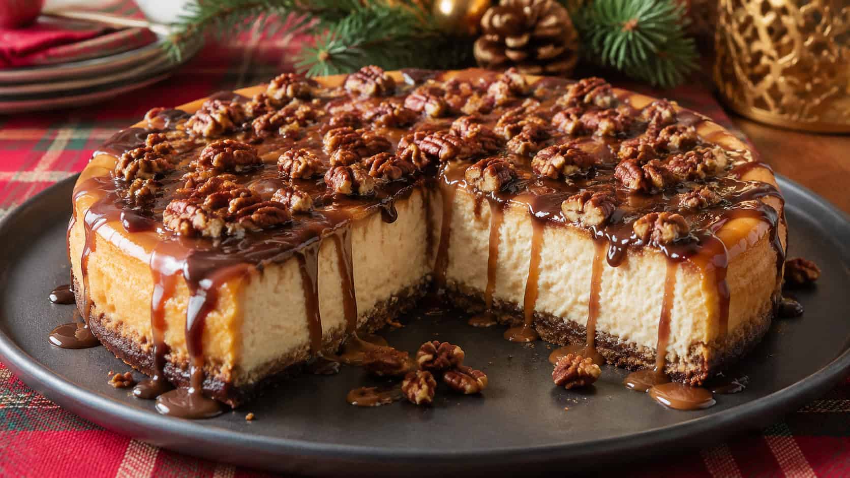 a turtle cheesecake on a dark plate in a wide horizontal shot, caramel and chocolate drizzle with toasted pecans piled on top, one slice cut, on a festive table, warm natural light, shallow depth of field, landscape orientation