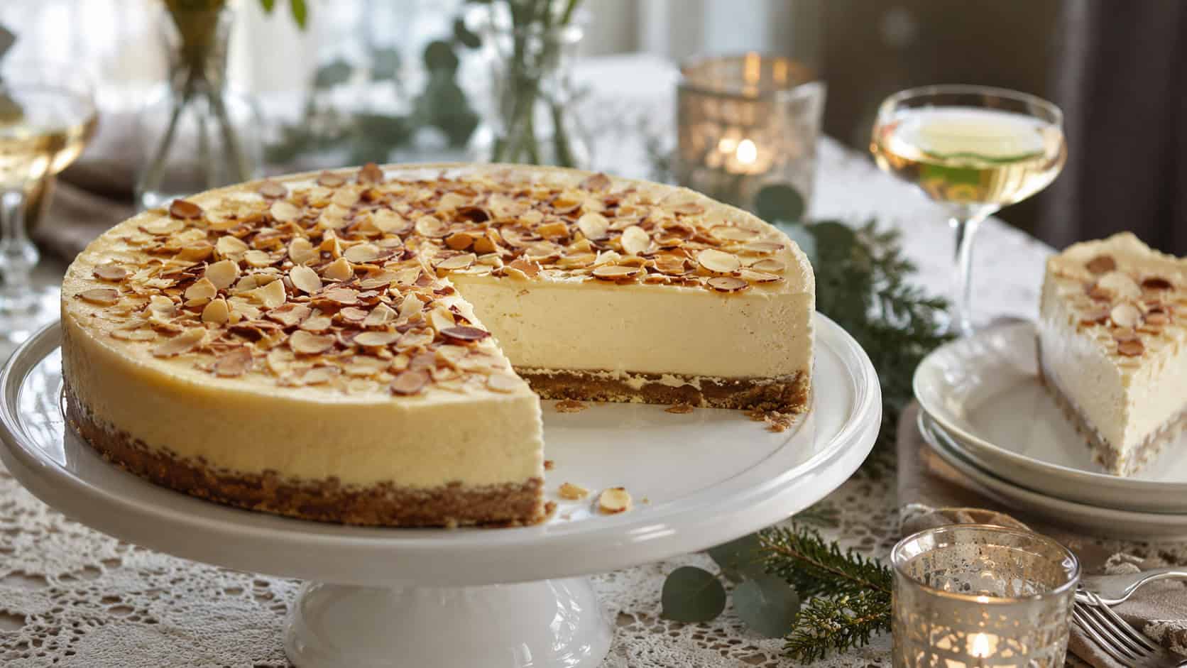 an amaretto cheesecake on a white cake stand in a wide horizontal shot, toasted sliced almonds covering a smooth creamy top, one slice removed, on an elegant holiday table, soft natural light, shallow depth of field, landscape orientation