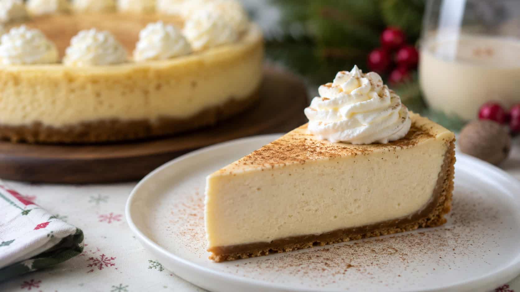 a creamy eggnog cheesecake slice dusted with nutmeg and topped with whipped cream in a wide horizontal shot, whole cheesecake softly blurred behind on a festive table, natural light, shallow depth of field, landscape orientation