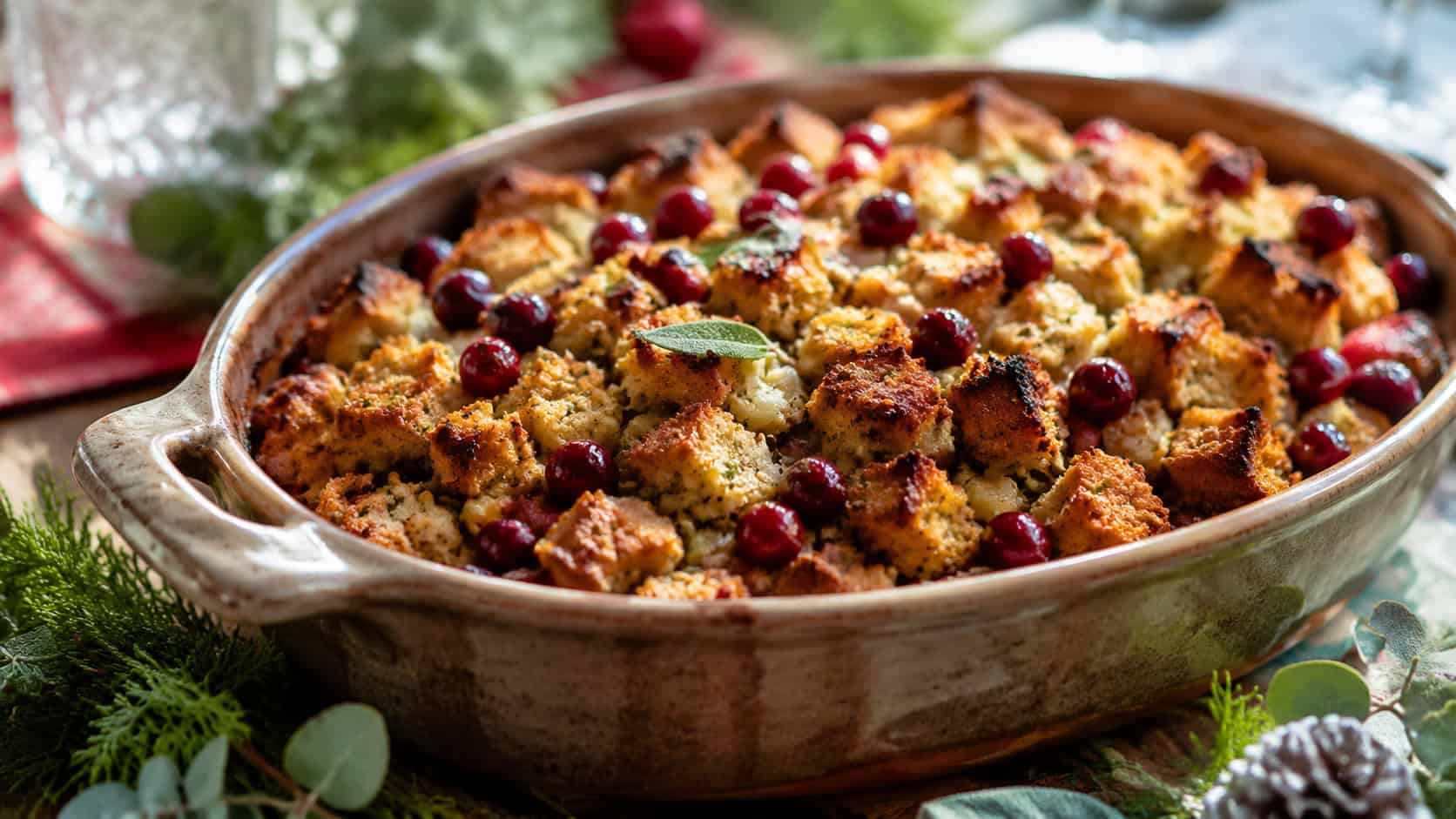 golden sage and cranberry stuffing with crisp top edges and ruby cranberries in a wide horizontal shot, in a rustic baking dish on a festive table with greenery, natural light, shallow depth of field, landscape orientation