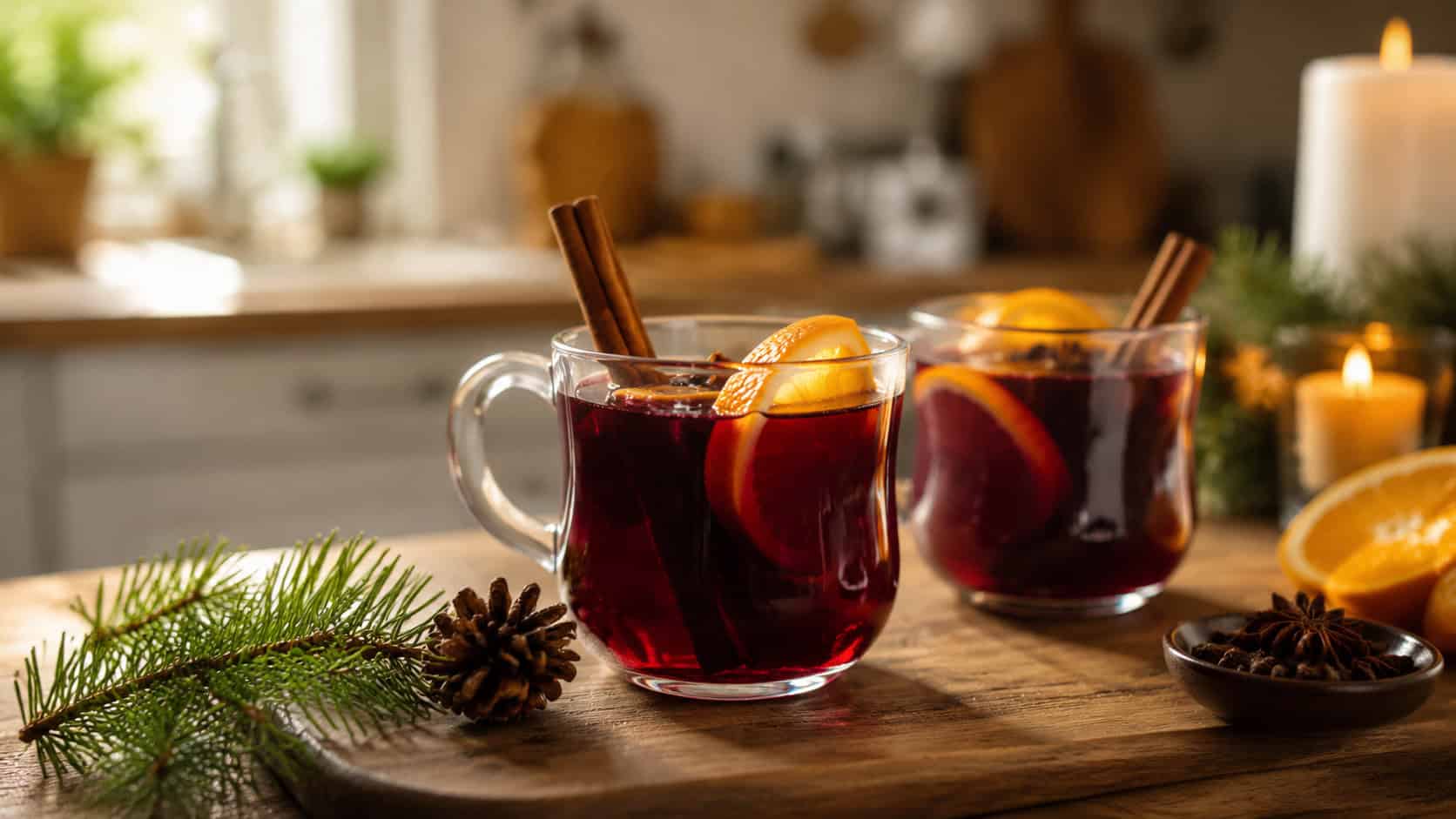 warm mulled wine in glass mugs garnished with orange slices and cinnamon sticks in a wide horizontal shot, deep ruby color, cozy kitchen counter with candles and pine blurred behind, natural light, shallow depth of field, landscape orientation