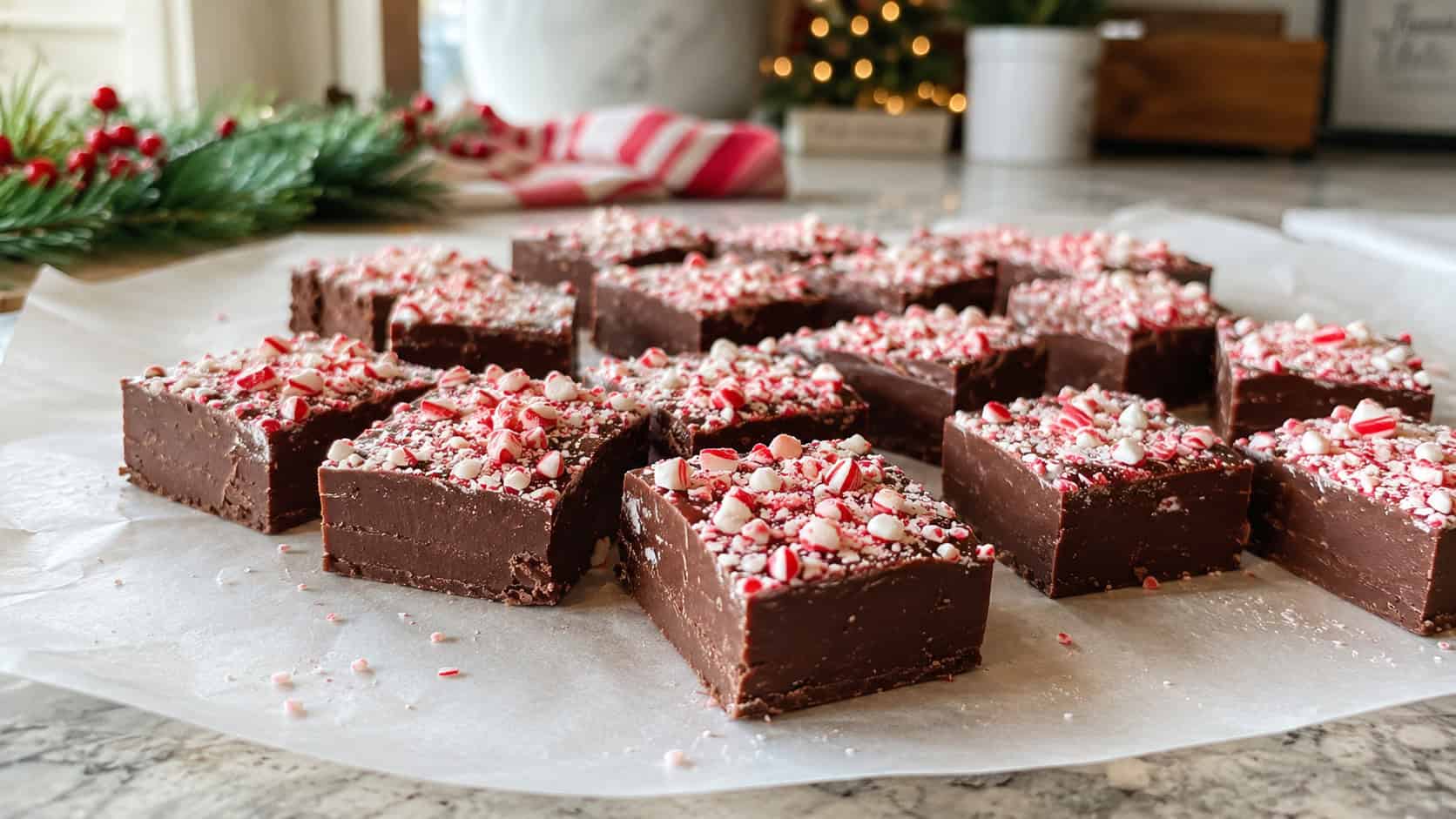 squares of dark peppermint fudge topped with crushed red and white candy canes in a wide horizontal shot, arranged on parchment on a festive kitchen counter, natural light, shallow depth of field, landscape orientation