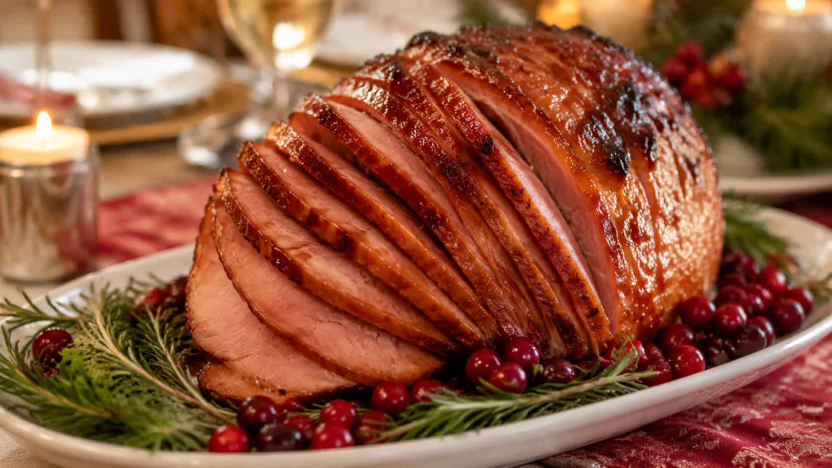 a honey-glazed spiral ham with glossy caramelized edges in a wide horizontal shot, on a festive platter surrounded by rosemary and cranberries, holiday table with candles blurred behind, natural light, shallow depth of field, landscape orientation