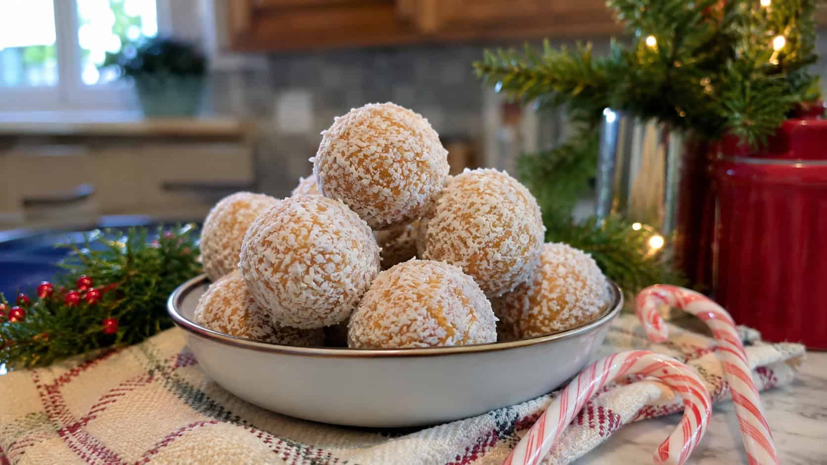coconut-coated butterscotch rum balls piled in a small dish in a wide horizontal shot, on a festive kitchen counter with greenery and candy canes, natural light, shallow depth of field, landscape orientation