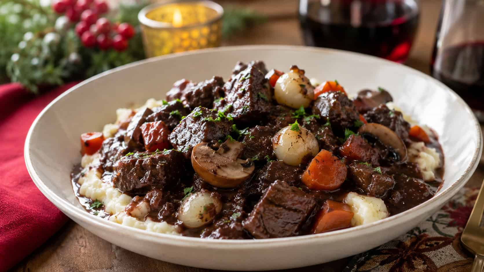rich beef bourguignon with tender beef, mushrooms, carrots, and pearl onions in a glossy red wine sauce in a wide horizontal shot, served in a bowl over mashed potatoes on a festive table, natural light, shallow depth of field, landscape orientation